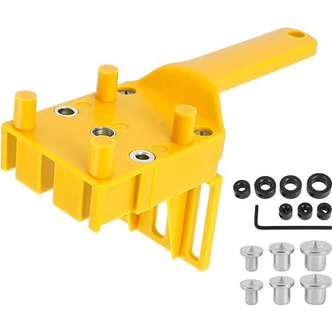 Werbeartikel: Dübelbohrlehren-set, Holzdübelbohrführung Mit Parallelanschlag, Dübelbohrlehren-set Mit Dübelzentrierwerkzeug 6 Mm/8 Mm/10 Mm (15-teilig, Gelb), Aafgvc