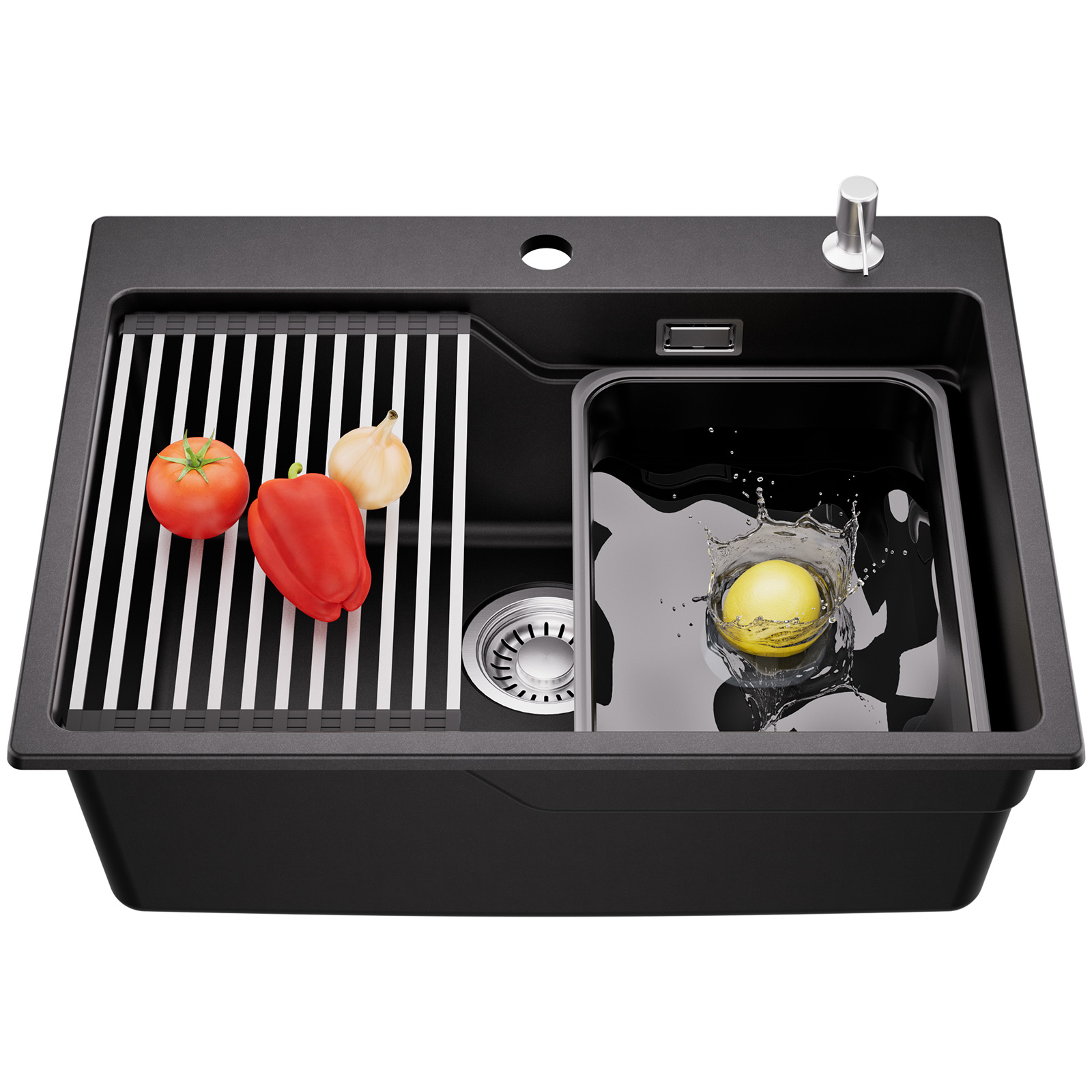 Cecipa Max Granitspüle 60 X 46 Cm Küchenspüle – Aufsatzspüle Küche Mit Beckeneinsatz, Rollmatte & Seifenspender – Quarz-spüle Mit 2-stufen-becken, Siphon, Überlauf