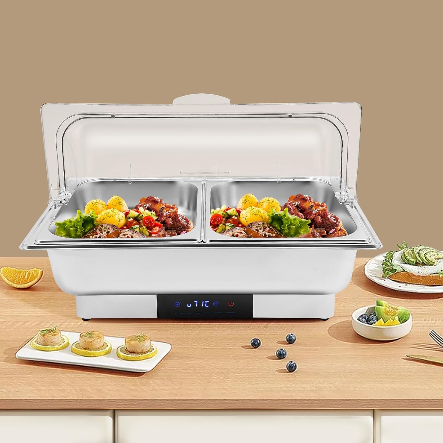 600w 9l Chafing Dish Elektrisch Buffetwärmer Elektrisch Warmhaltebehälter Essen Wärmebehälter Für Speisen Mit Deckel Warmhaltegerät Mit 35-90℃ Einstellbaretemperatur Buffetwärmer