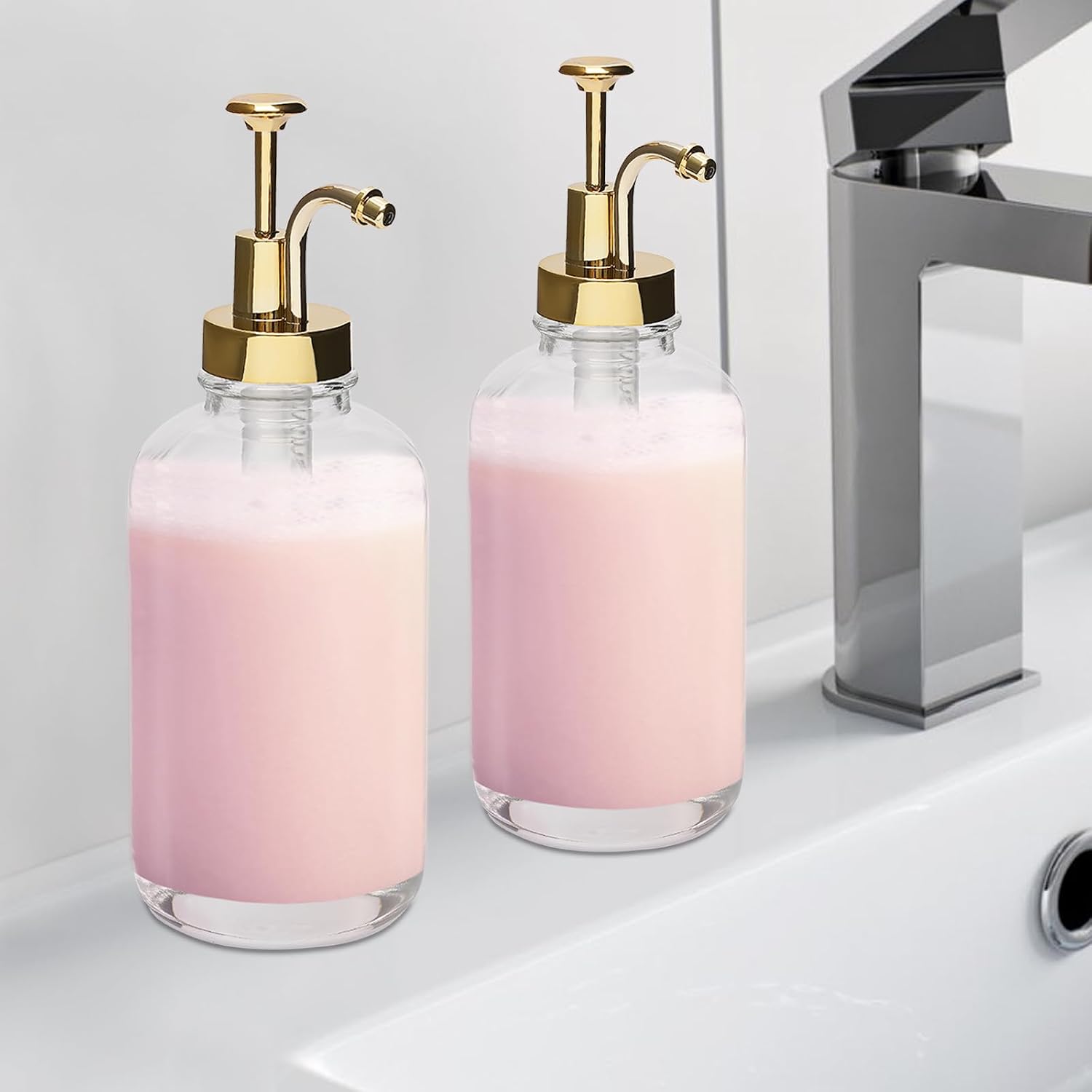 Kaffeesirupspender Glas Pumpe, Coffee Bar, Kaffee Pump Dispenser, Etiketten Pumpflaschen, 500ml Kaffee Sirup Flaschen, Trichter Spenderflaschen, 2er Set, Glas, Gold
