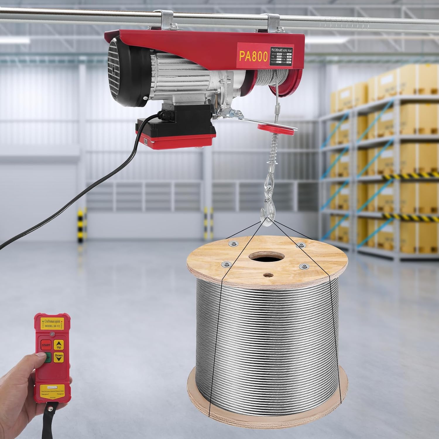 Elektrische Seilwinde 800kg Elektrische Seilzug, Motorwinde Elektrohebezeug Mit Kabelfernbedienung, Elektro-hebezug Lift Seilhebezug Für Fabriken, Garagen, Mit 2 Schlingen, 12m Hubhöhe