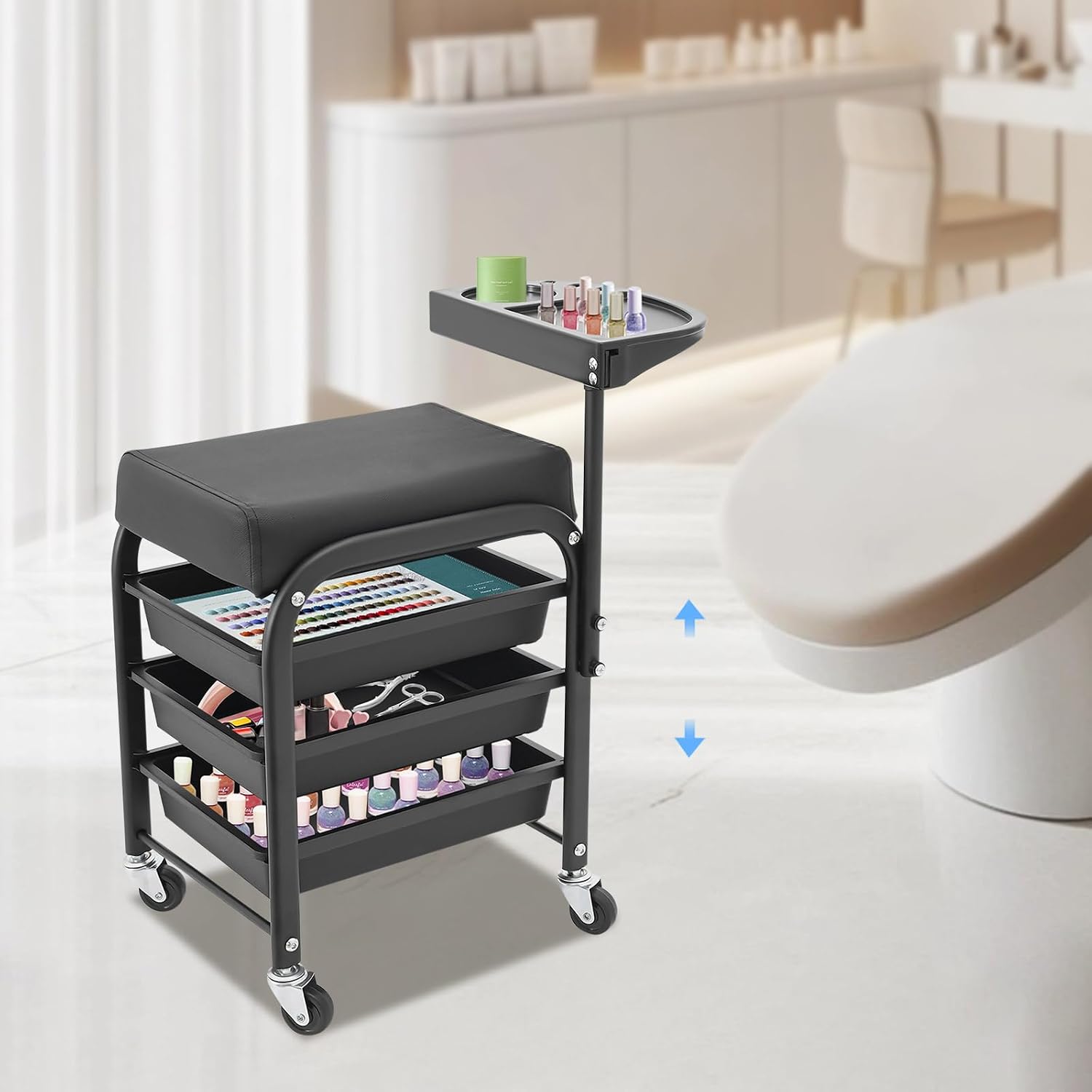 Maniküre Und Pediküreset,fußpflege-ständer Mit Pediküre-stuhl, 3 Schubladen Und Drehbare Oberfläche Für Zu Hause Und Salon - Schwarz 38 X 32 X 65 Cm