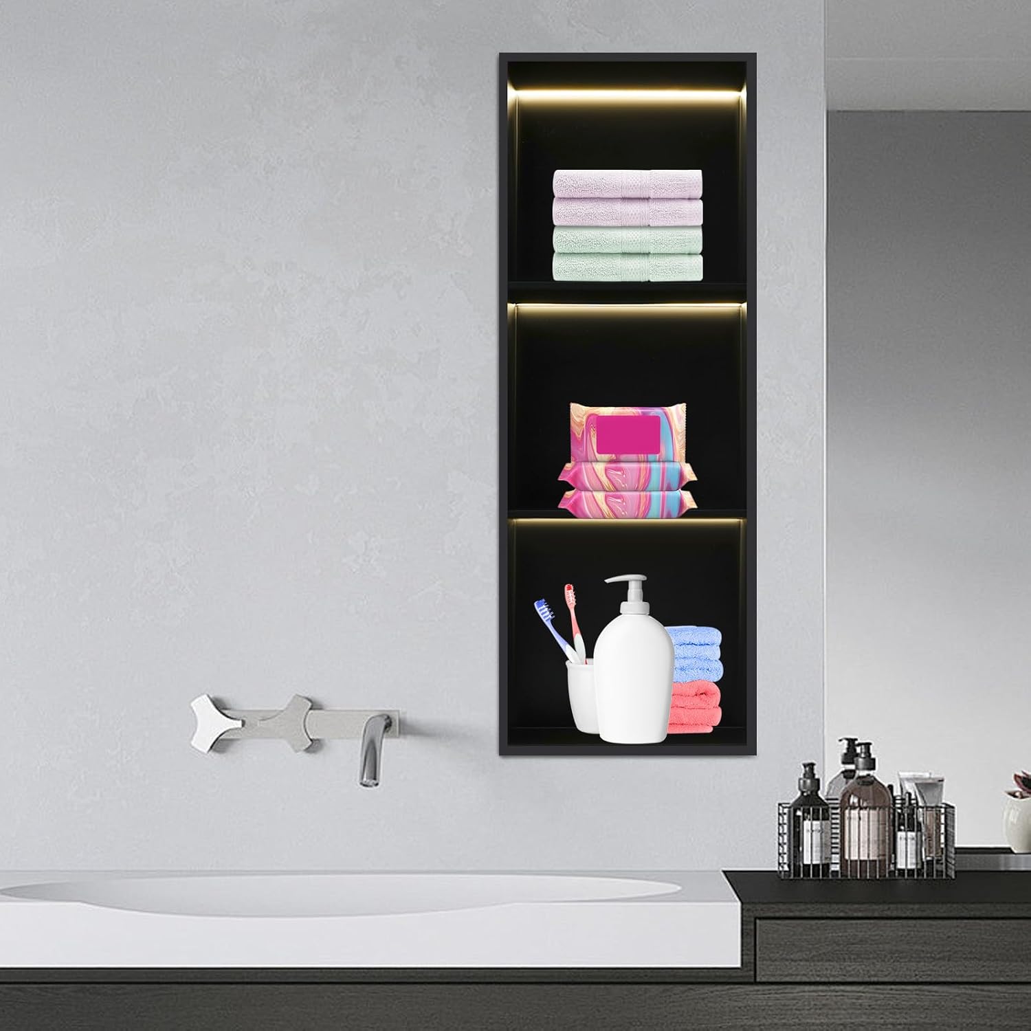 Edelstahl Wandnische Mit Led-licht, 3-stufige Dusche Nische, Eingebettete Duschnische Mit Regal, Unterputz Duschregal Für Badezimmer, Küche, Toilette (schwarz, 33,3x94,2cm-led)