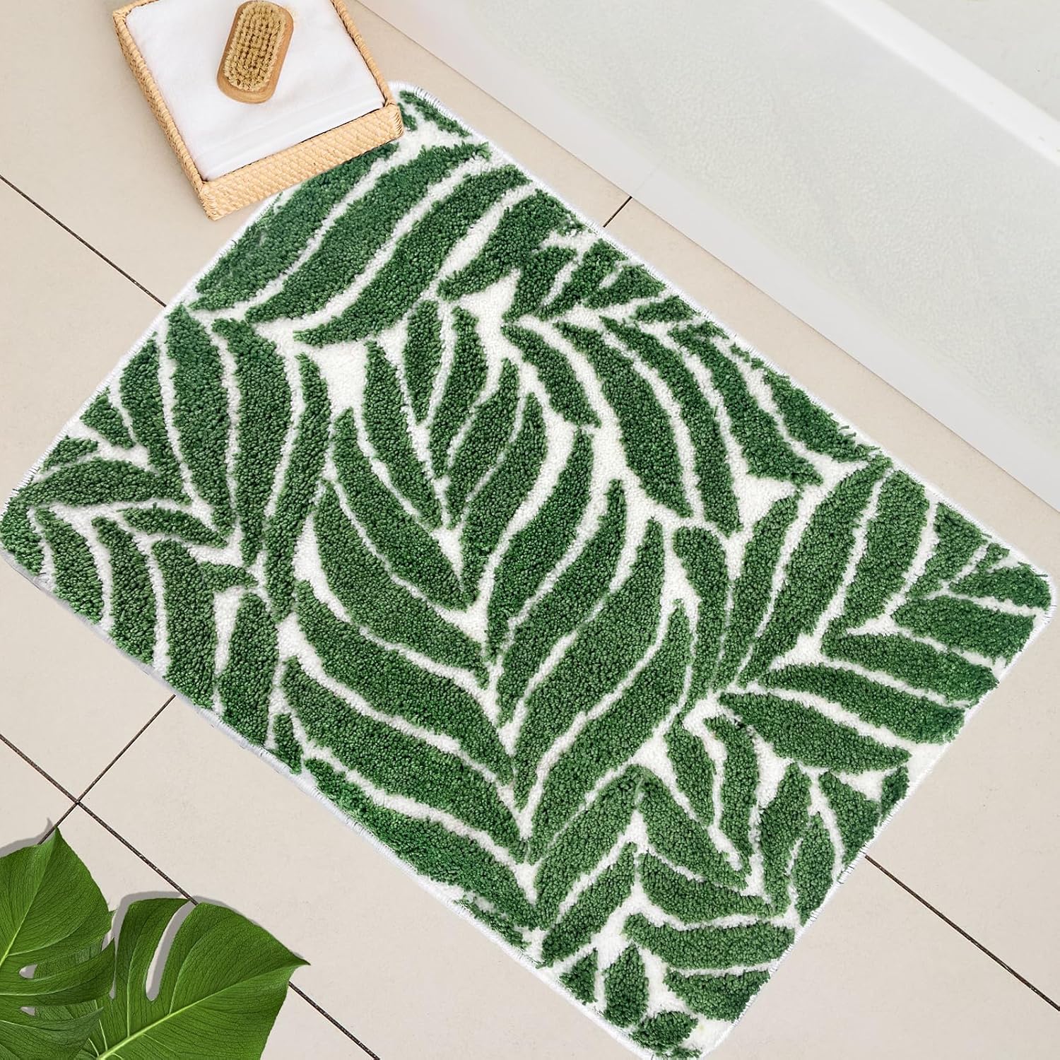 Badematte Mit Dunkelgrünem Blattmuster, 50 X 80 Cm Rutschfest, Saugfähig Und Maschinenwaschbar Für Waschbecken, Badewanne Und Dusche