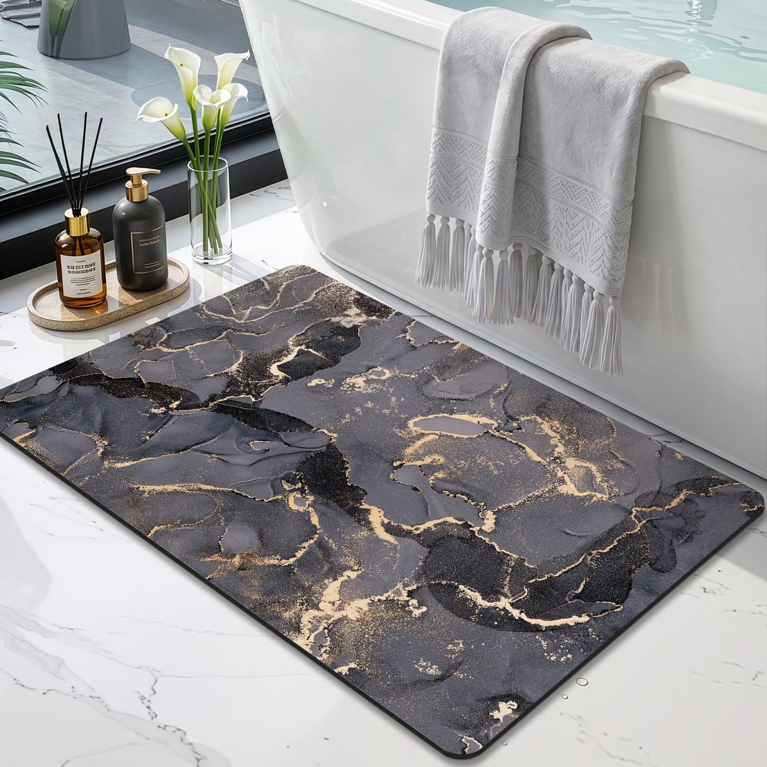 Ultradünne, Rutschfeste Badematte 40 X 60 Cm, Dunkelgrau, Super Saugfähig, Schnelltrocknend, Modernes Marmormuster, Leicht Zu Reinigen, Für Bad, Badewanne Und Dusche