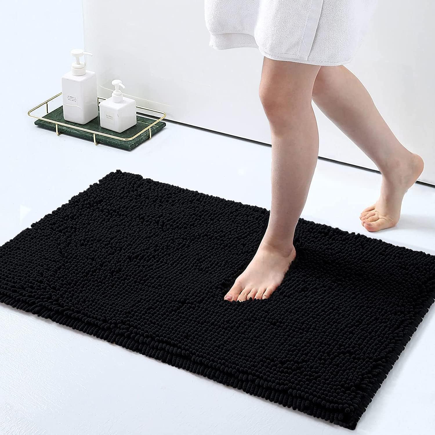 Rutschfeste Badematte, Weiche Chenille-mikrofaser-badematte, Saugfähige Badematte, Maschinenwaschbar – 39 X 60 Cm – Schwarz