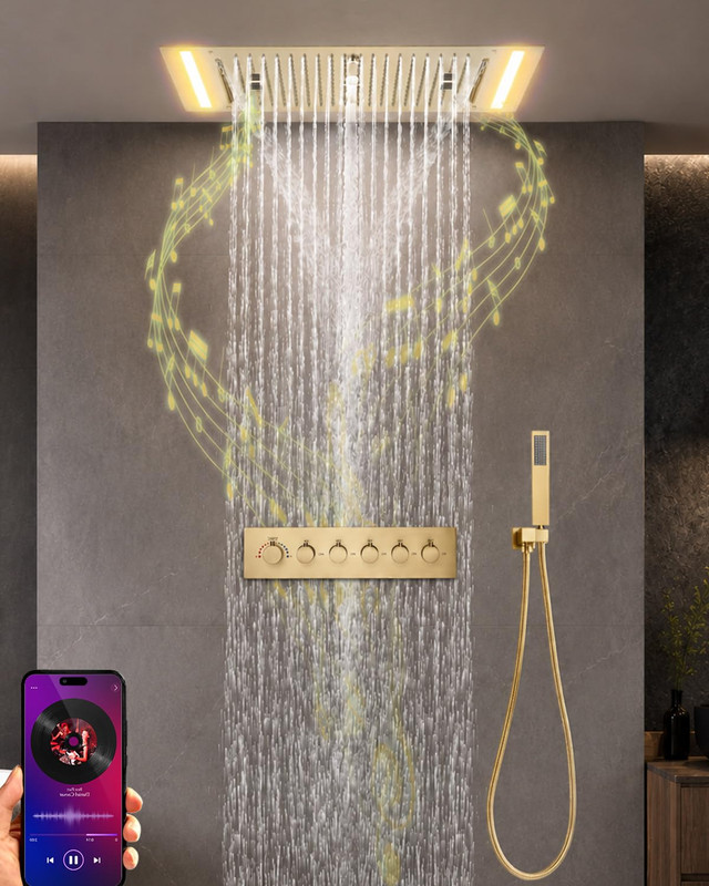 Musik Duschsystem Gold Mit Thermostat Unterputz, Led 64 Farben Duschgarnitur Regendusche Ohne Armatur, Multifunktionales Duscharmatur Komplettse Mit 638x338mm Duschkopf, Handbrause