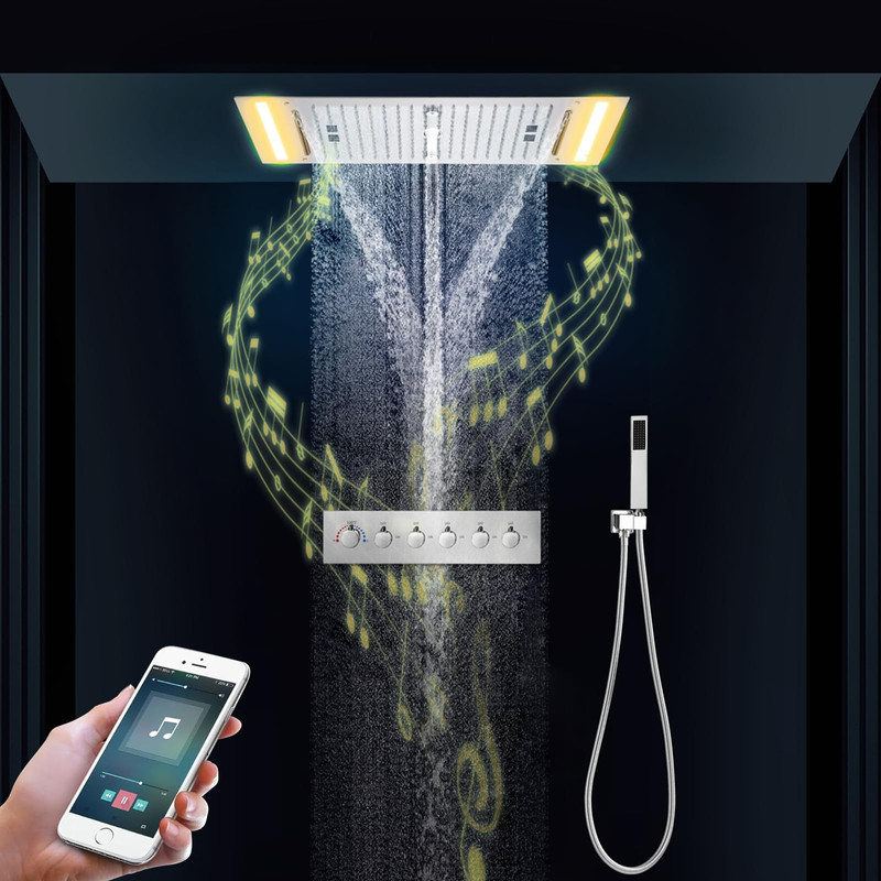 Musik Duschsystem Chrom Mit Thermostat Unterputz, Led 64 Farben Duschgarnitur Regendusche Ohne Armatur, Multifunktionales Duscharmatur Komplettse Mit 638x338mm Duschkopf, Handbrause
