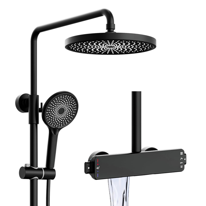 Duschsystem Schwarz Mit Thermostat, Regendusche Mit Armatur, Messingkörper 3 In 1 Duscharmatur Komplettset Mit 260 Mm Duschkopf, Anti-kalk-düsen, 3 Modus Handbraus, Wanneneinlauf, Höhenverstellbar