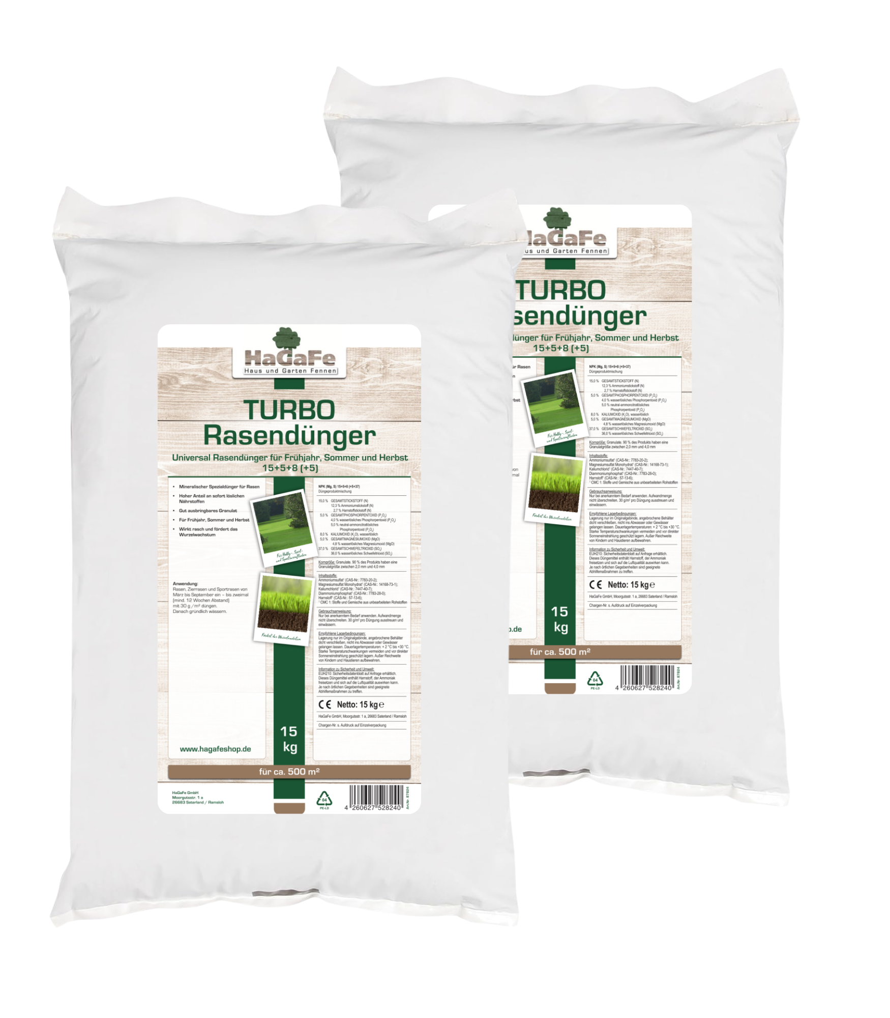 Hagafe Turbo Rasendünger Frühjahr Sommer Herbst Mit 15% Stickstoff Für Sattes Grün 30kg (2 X 15 Kg)
