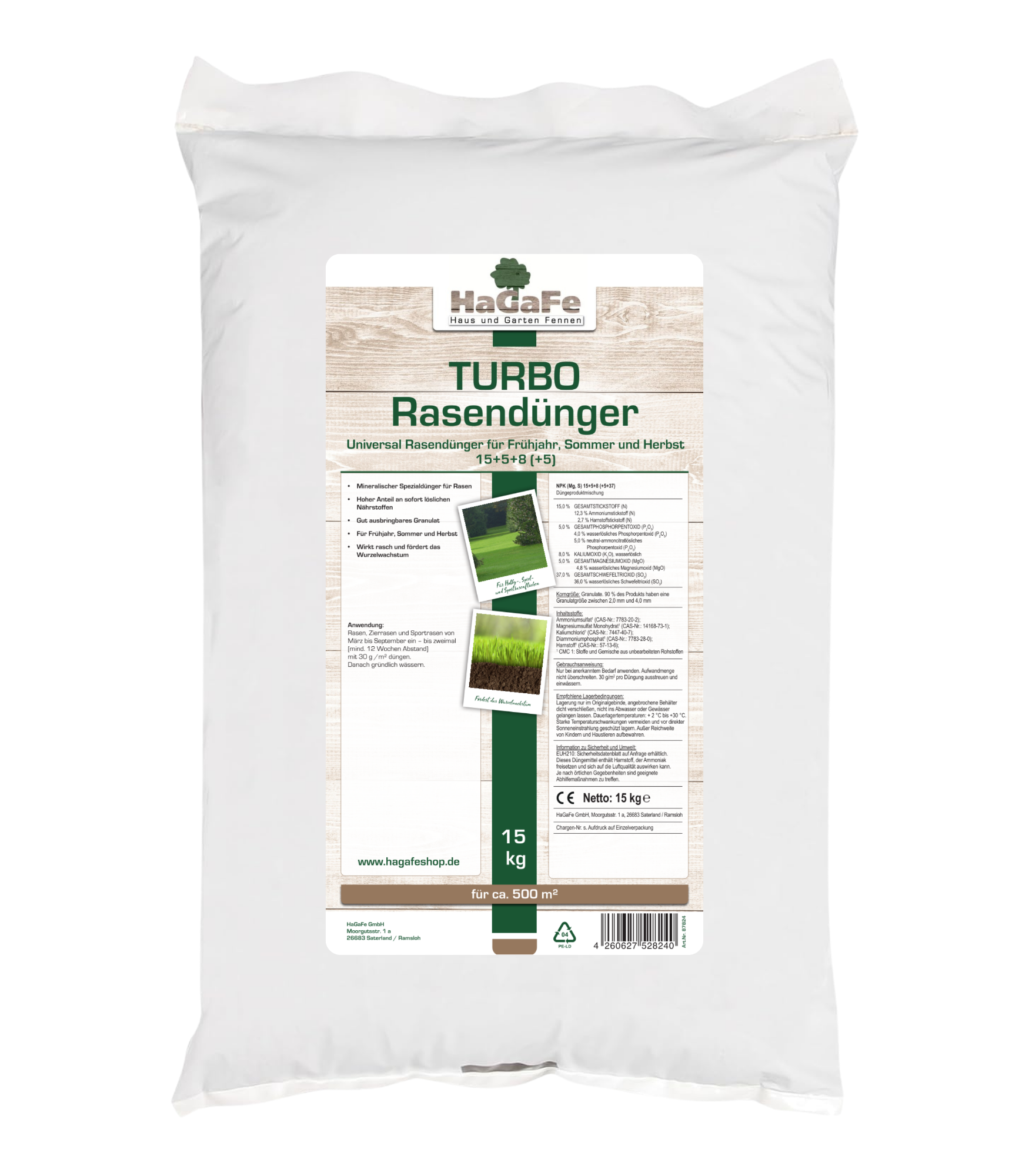 Hagafe Turbo Rasendünger Frühjahr Sommer Herbst Mit 15% Stickstoff Für Sattes Grün 15kg (1 X 15 Kg)