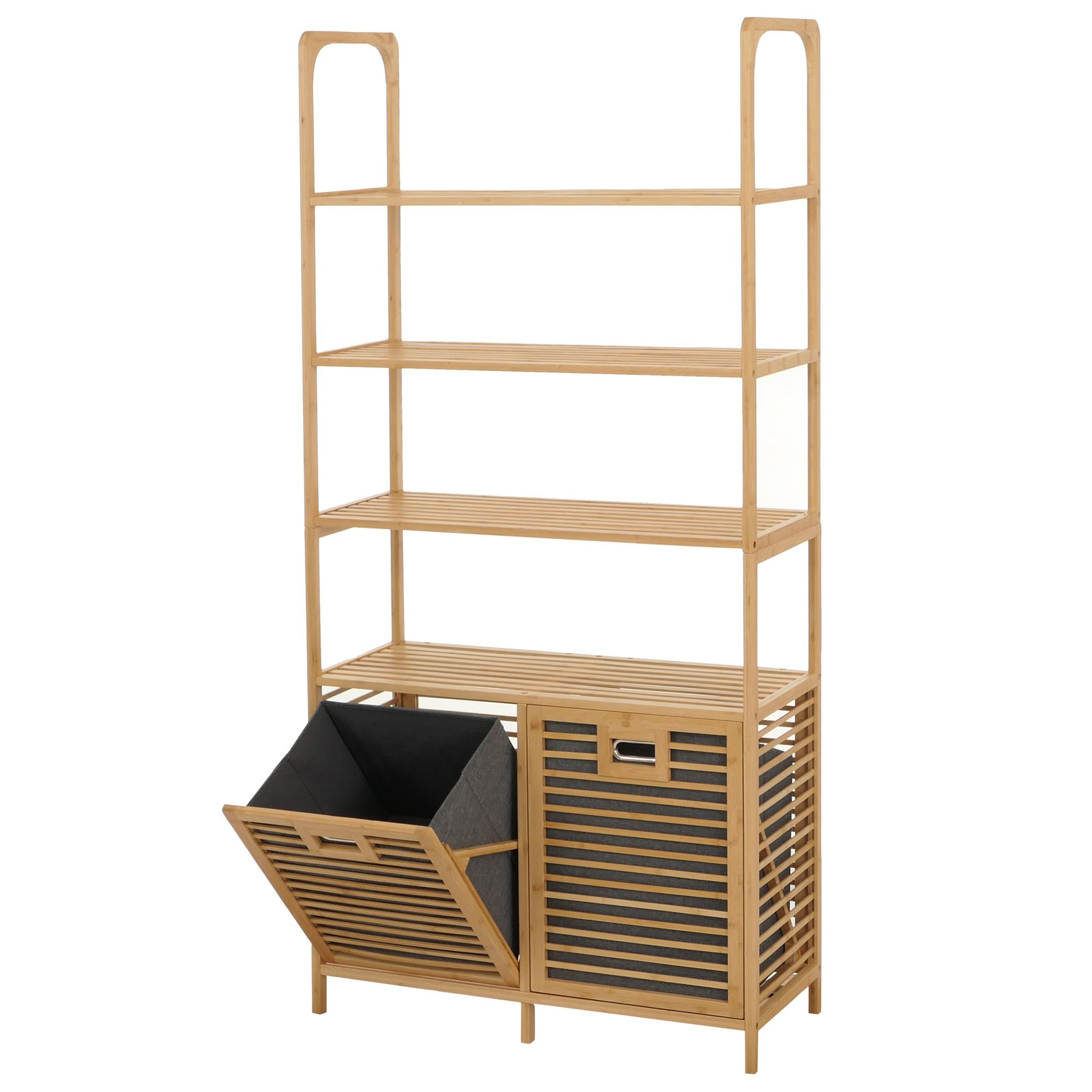 Bambus-badezimmerschrank Hhg-592, Regal Badschrank, 2 Wäschekörbe 4 Regalböden Mvg 168x81x33cm Natur, Korb Grau