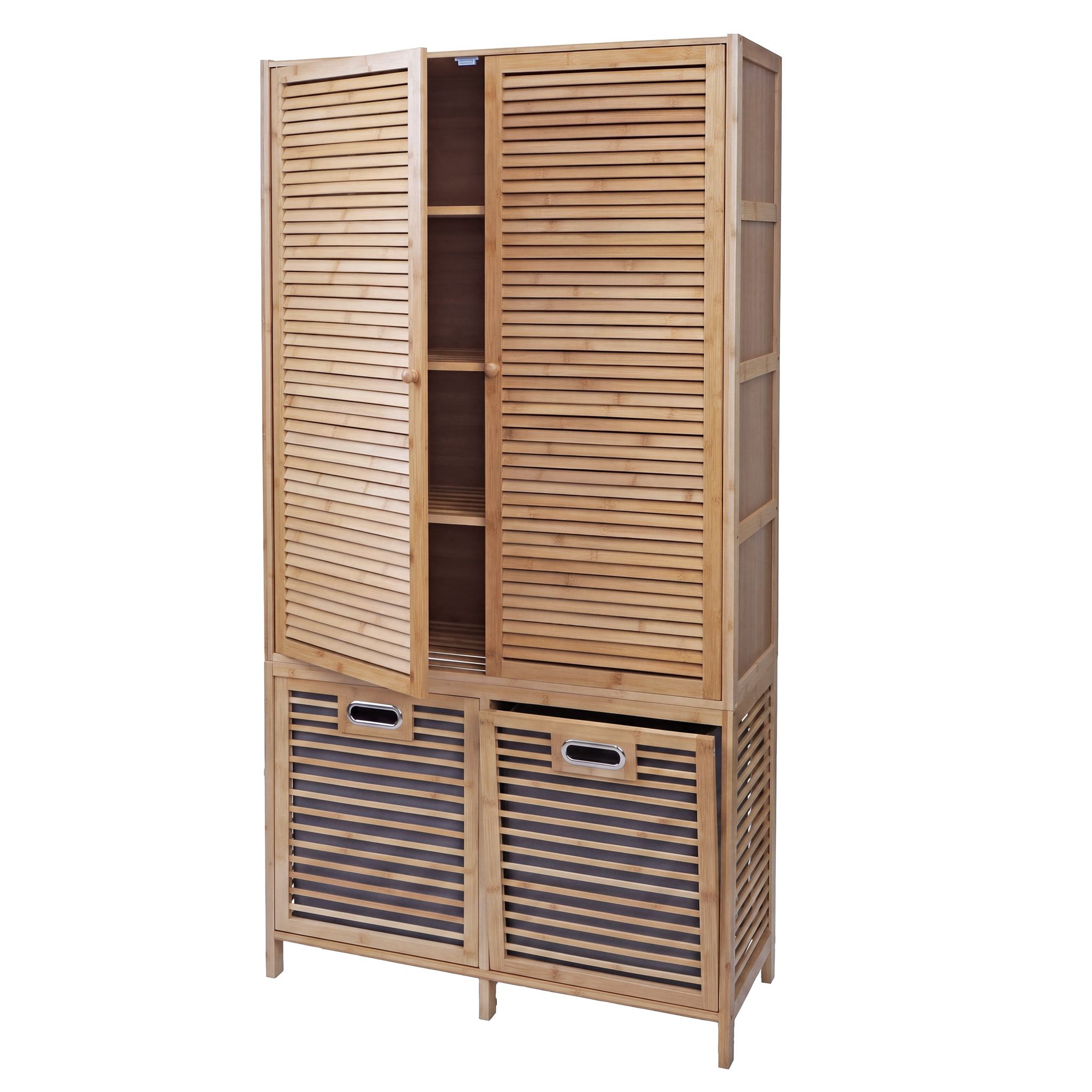 [neuwertig] Bambus-badezimmerschrank Hhg-595, Badregal Schrank, 2 Wäschekörbe 2 Türen Mvg 68x82x34cm Natur, Korb Grau