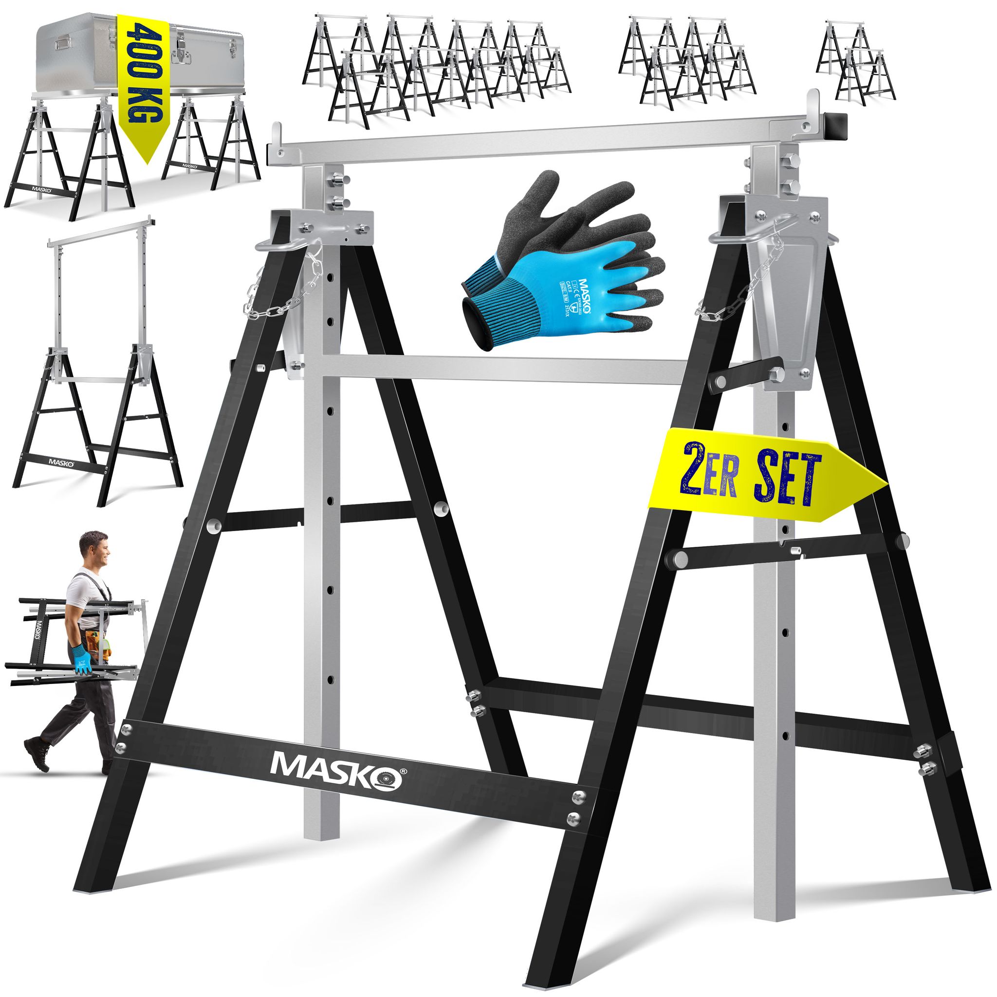Masko® Teleskop-arbeitsbock, Höhenverstellbar - 2er Set, Silber / Schwarz