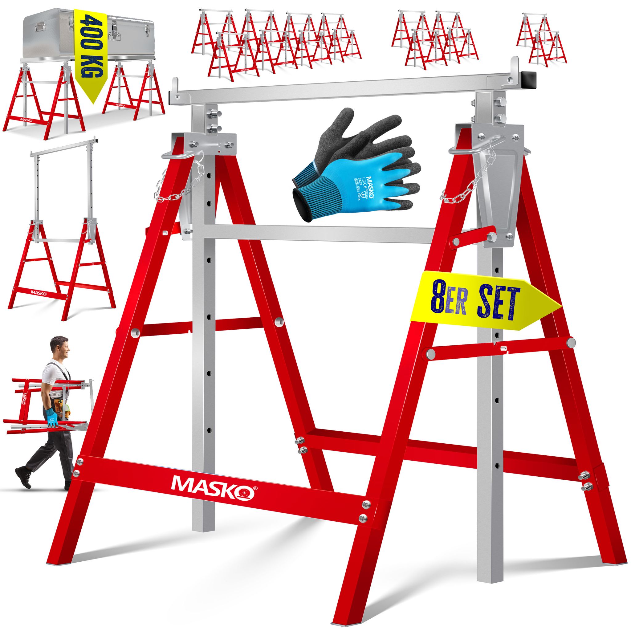 Masko® Teleskop-arbeitsbock, Höhenverstellbar - 8er Set, Silber / Rot