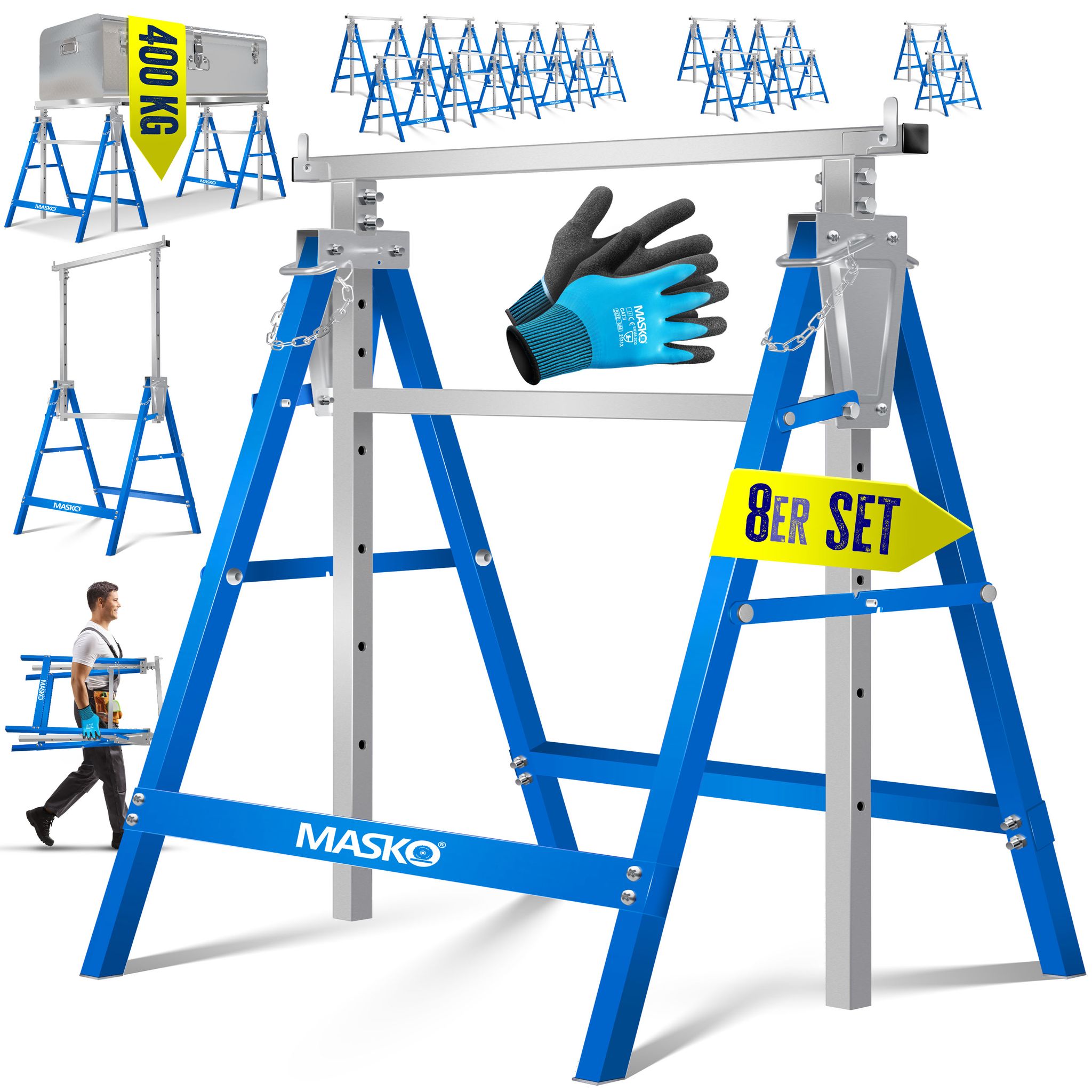 Masko® Teleskop-arbeitsbock, Höhenverstellbar - 8er Set, Silber / Blau