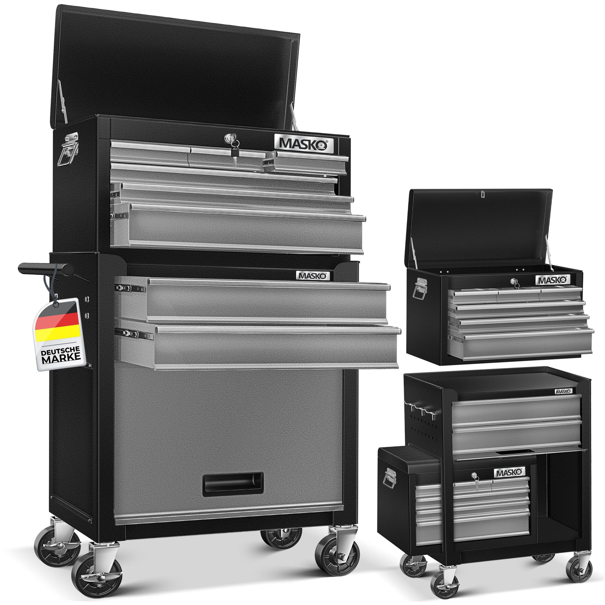 Masko® Werkstattwagen, 9 Fächer, Abschließbar, Massivmetall - Schwarz / Grau