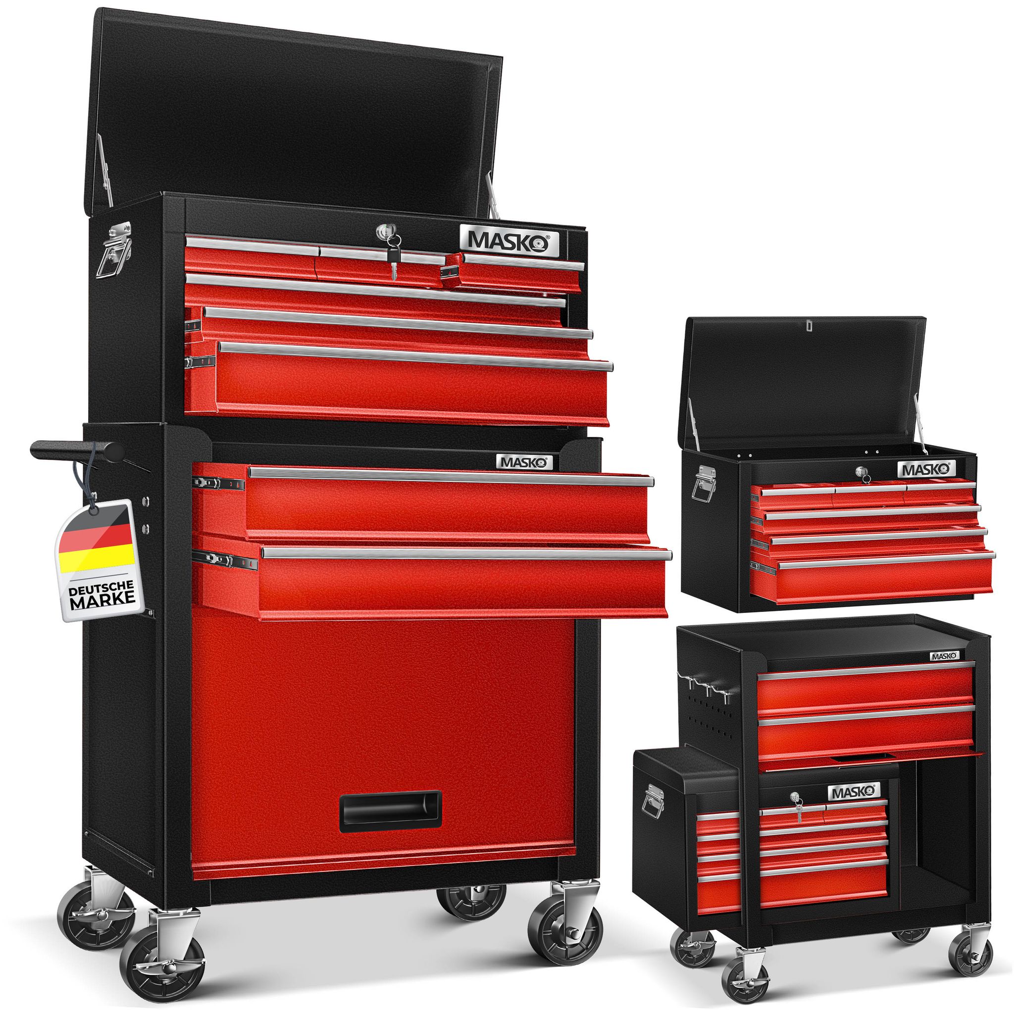 Masko® Werkstattwagen 9 Fächer, Abschließbar, Massivmetall - Rot