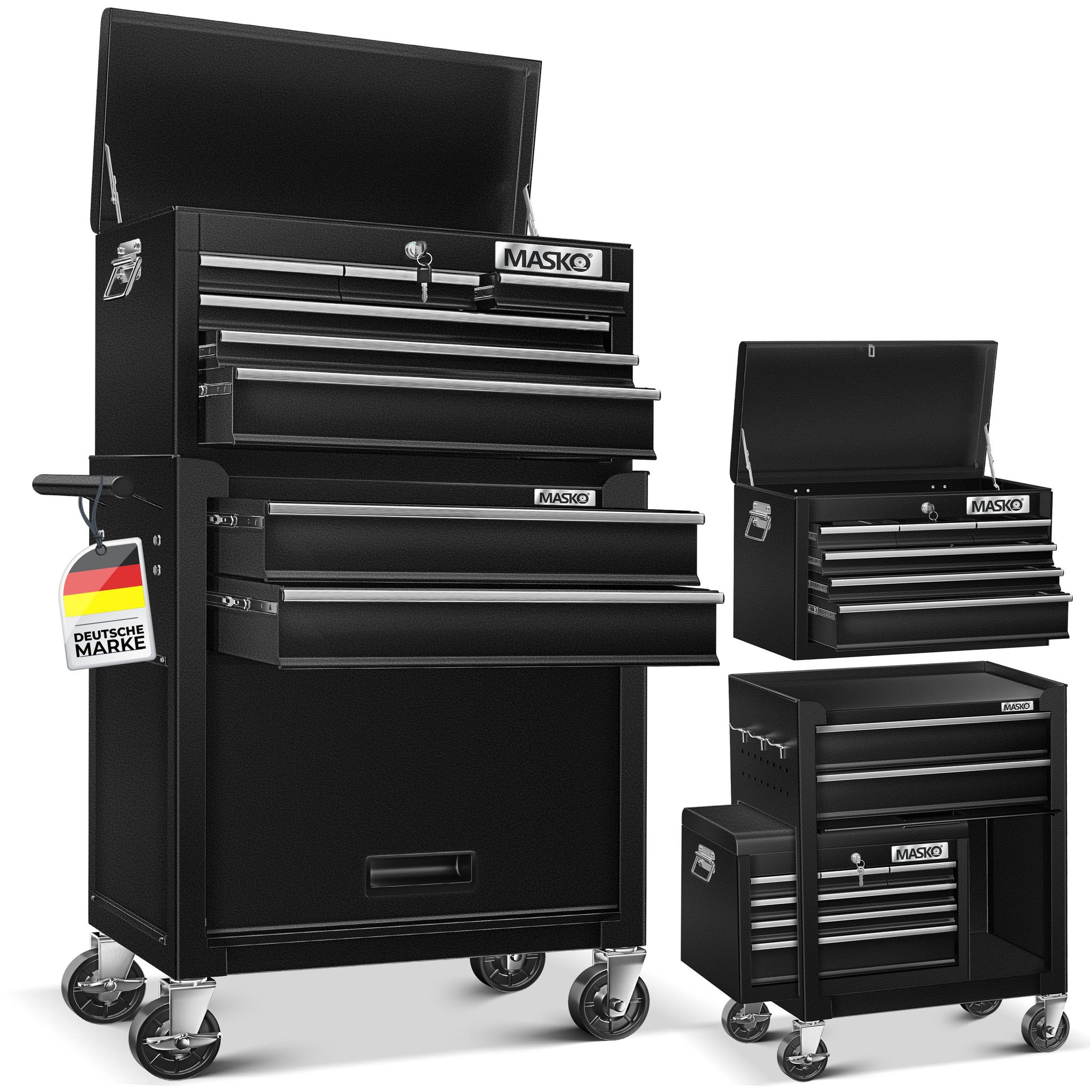 Masko® Werkstattwagen 9 Fächer, Abschließbar, Massivmetall - Schwarz