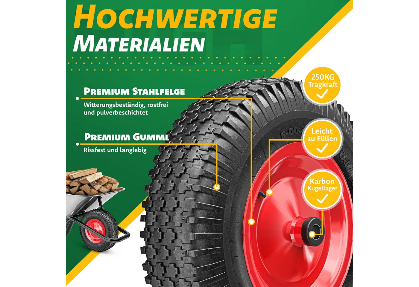 Masko® Schubkarrenrad, Luftbereifung, 40 Cm, Bis 250 Kg, Ersatzrad - Rot Bild 5