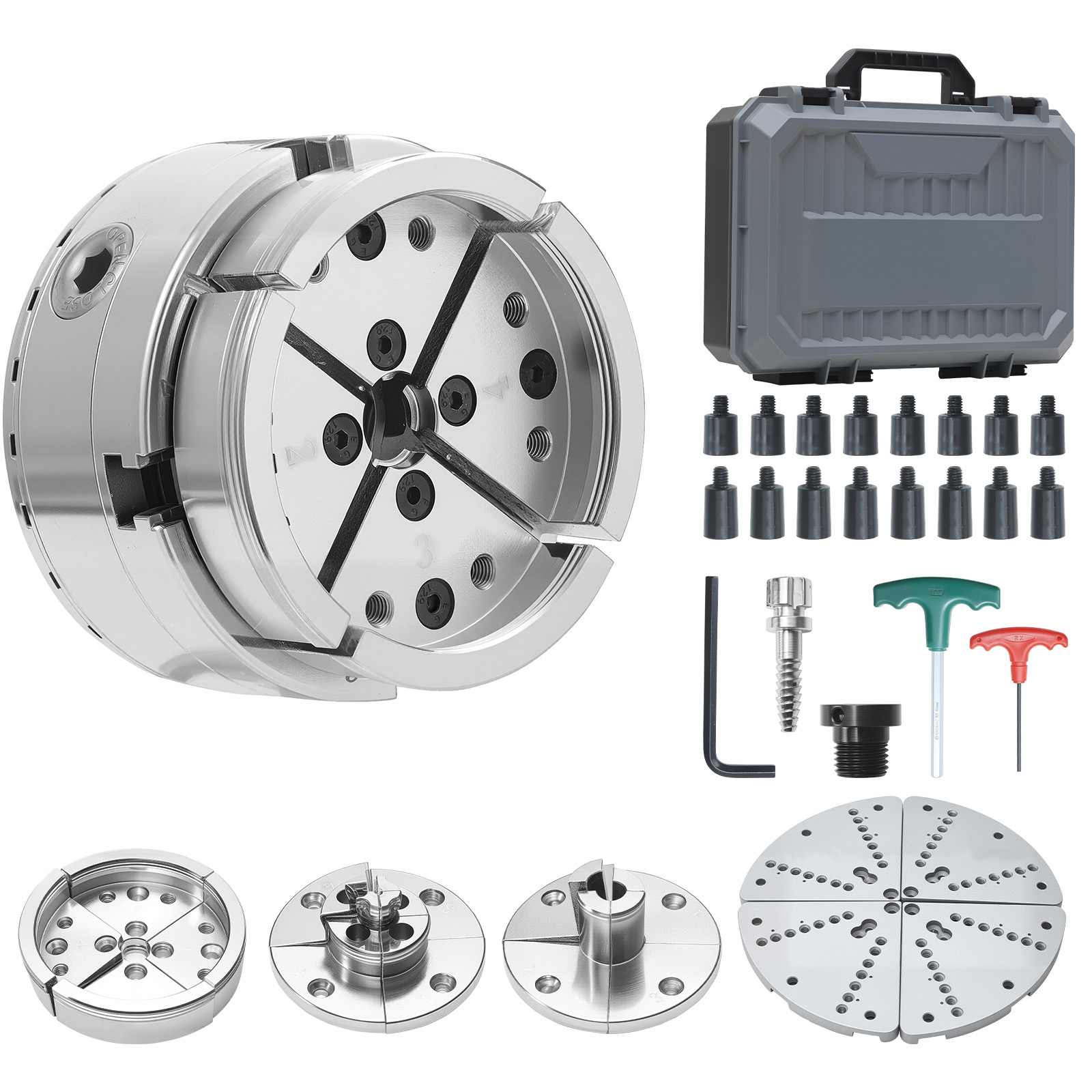 Mophorn 4-zoll-drechselfutter, Selbstzentrierendes 4-backen-futter-set Mit Kegelradgetriebe, 1 Zoll X 8 Tpi-gewinde, Adapter, 5 Backensätze, Transportkoffer, Vernickelt, Geeignet Für Drechselbänke