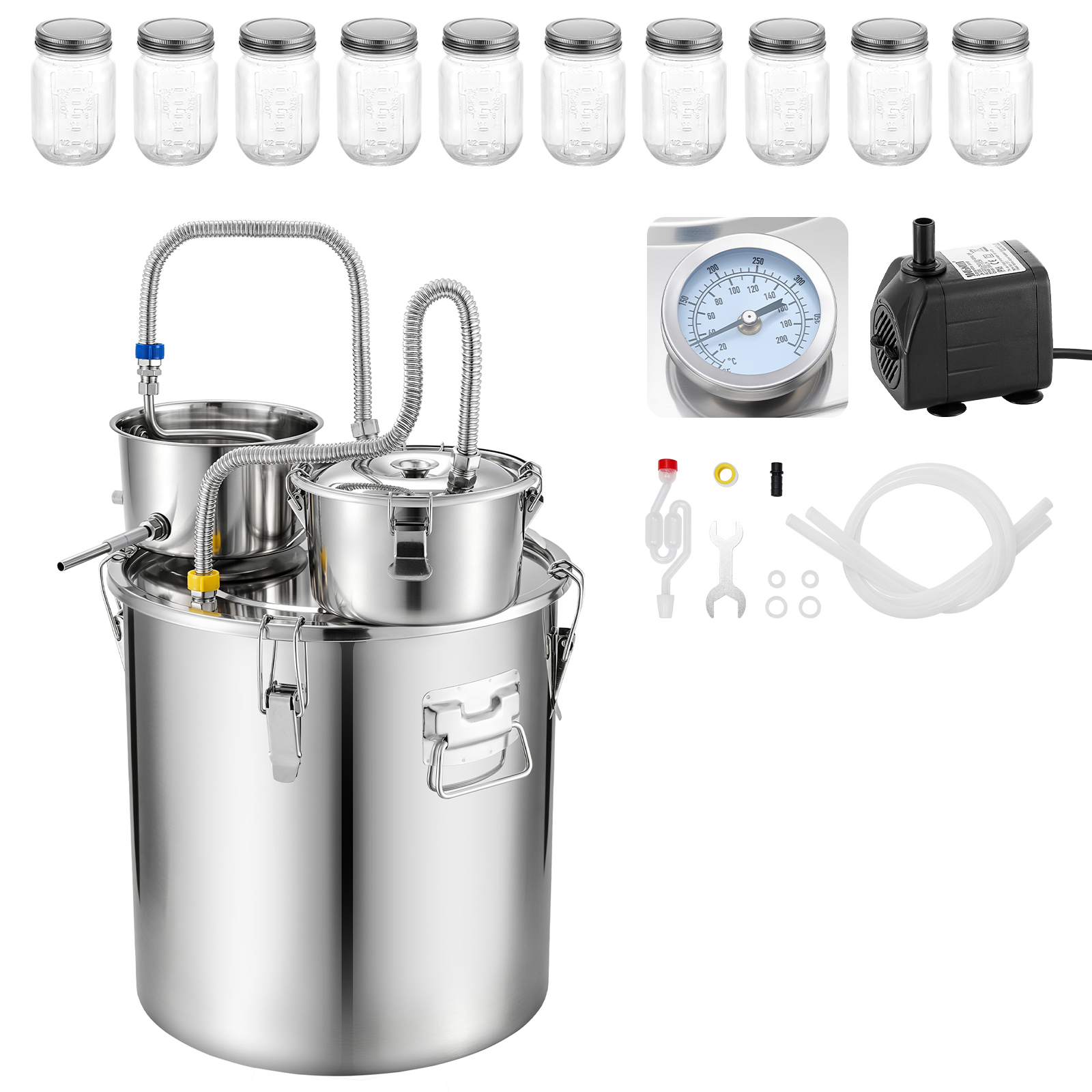Mophorn Destillieranlage 50 L Mit Thumper-fass, Wasserpumpe Und 10 Glasbehältern, Destillationsset Mit Doppelskala-thermometer Für Whisky, Wein Und Brandy – Ideal Für Hobby Und Küche