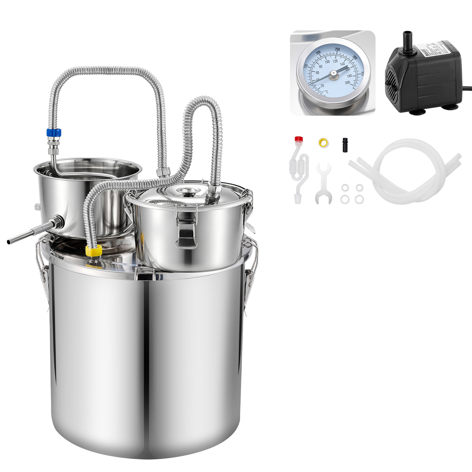 Mophorn Destillieranlage 30 L Mit Thumper-fass, Wasserpumpe Und Thermometer, Silber – Destillationsset Mit Doppelskala-thermometer Für Whisky, Wein Und Brandy, Für Hobbybrauer Und Küchenanwendungen