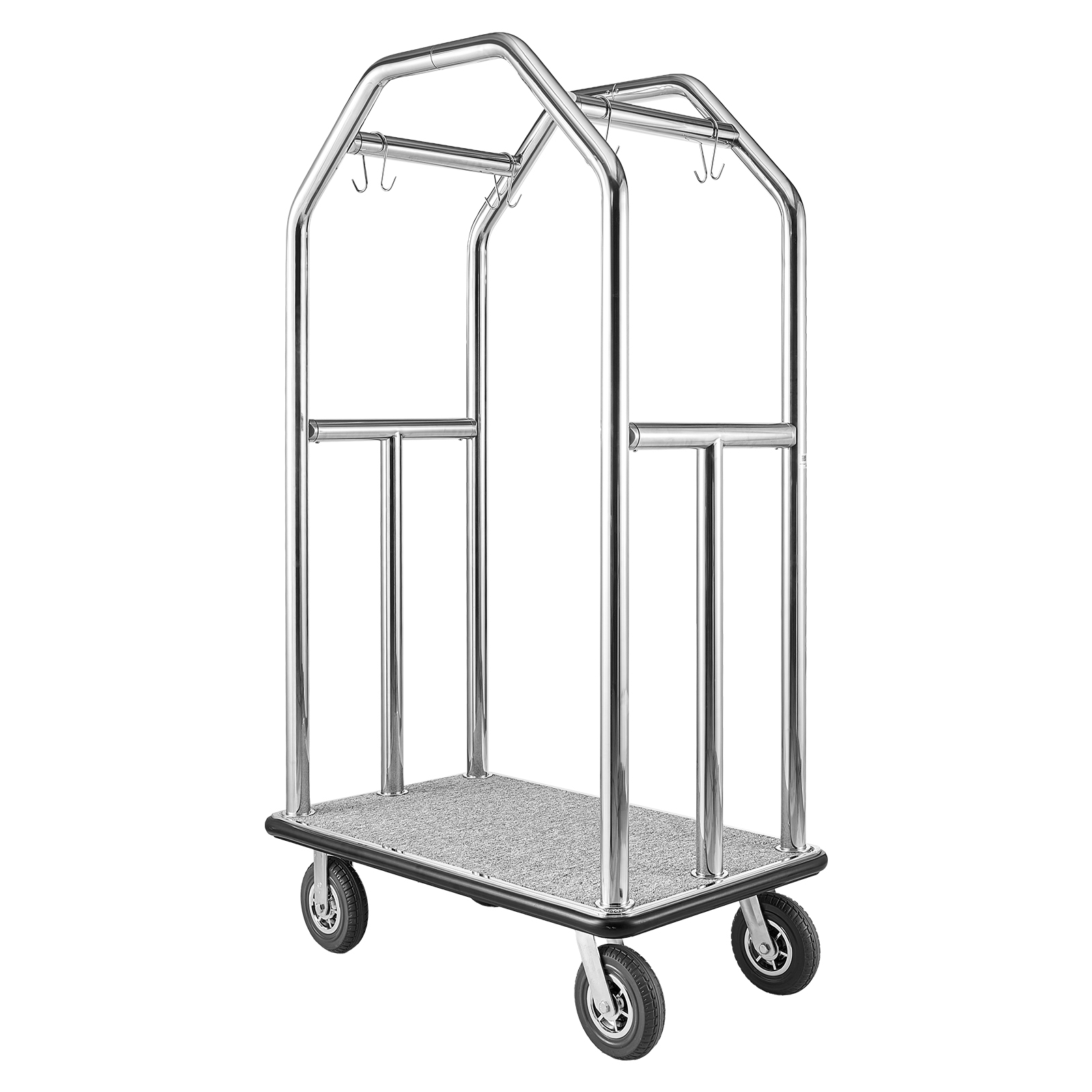Mophorn Hotelgepäckwagen Aus Edelstahl, 680,39 Kg Tragkraft Mit 8-zoll-gummirädern, Gepäckwagen Mit Grauem Teppichboden Und Kleiderstange, Ideal Für Hotels Und Resorts, Silber