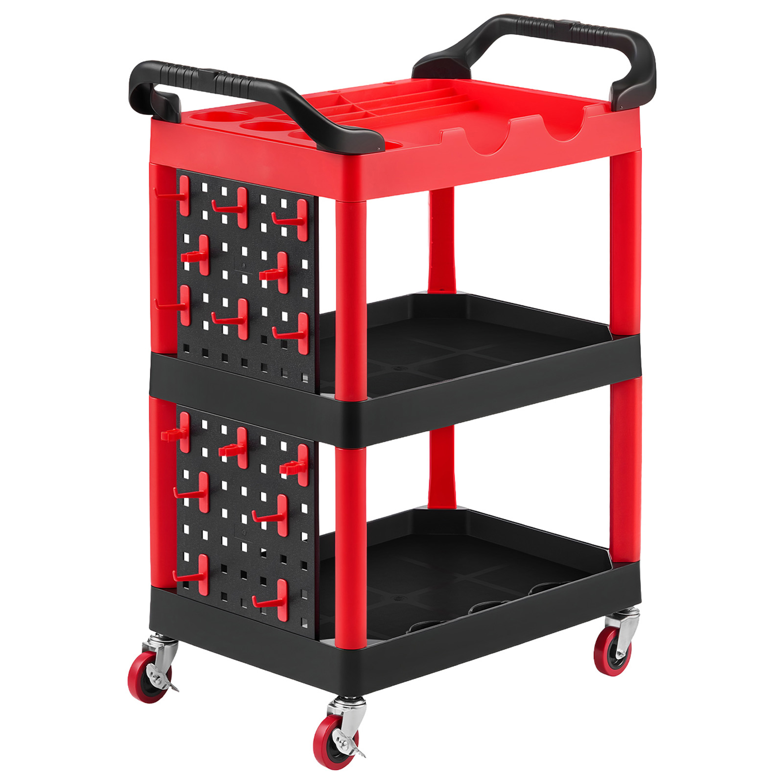 Mophorn Servicewagen Werkstattwagen Pp-rollwagen 810x425x970mm Schwarz & Rot, Werkzeugwagen Mit 136kg Belastbarkeit, Mit 3 Ebenen, 4 Rollen, Pegboard Und Griffen, Für Garage, Werkstatt Und Lager