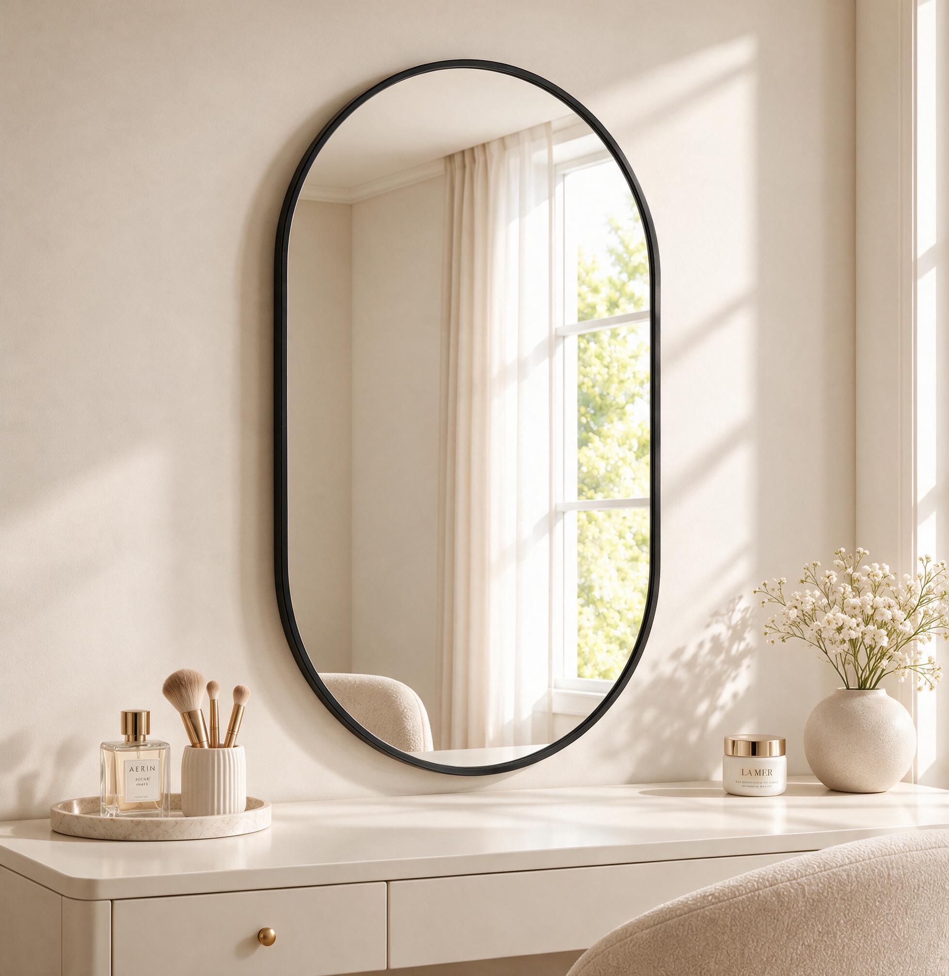 Ovaler Wandspiegel 75x50 Cm, Wandspiegel Für Badezimmer, Schlafzimmer Und Wohnzimmer, Bruchfester Verstärkter Aluminiumrahmen, Gehärtetes Glas, Schwarz