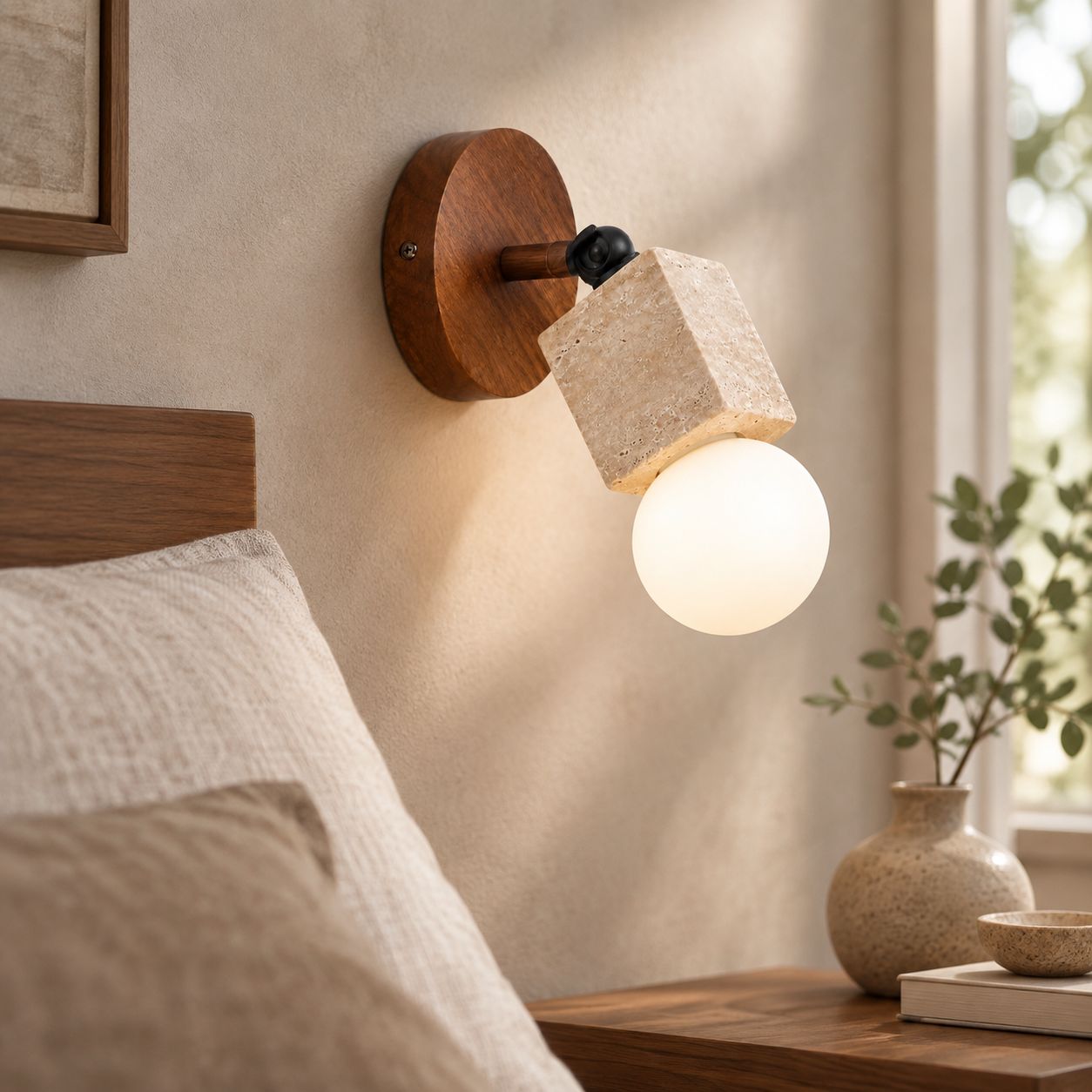 Stehlampe Im Wabi-sabi-stil Aus Gelbem Stein, Walnuss-finish, 180° Schwenkbarer Kopf Für Individuelle Beleuchtung (leuchtmittel Nicht Enthalten).