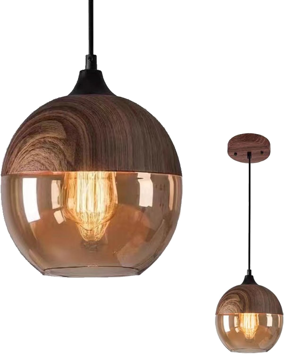 Rustikaler Und Moderner Kronleuchter Aus Bernsteinfarbenem Glas Und Holz, Höhenverstellbar Für Vielseitige, Warme Beleuchtung In Jedem Interieur (leuchtmittel Nicht Enthalten)