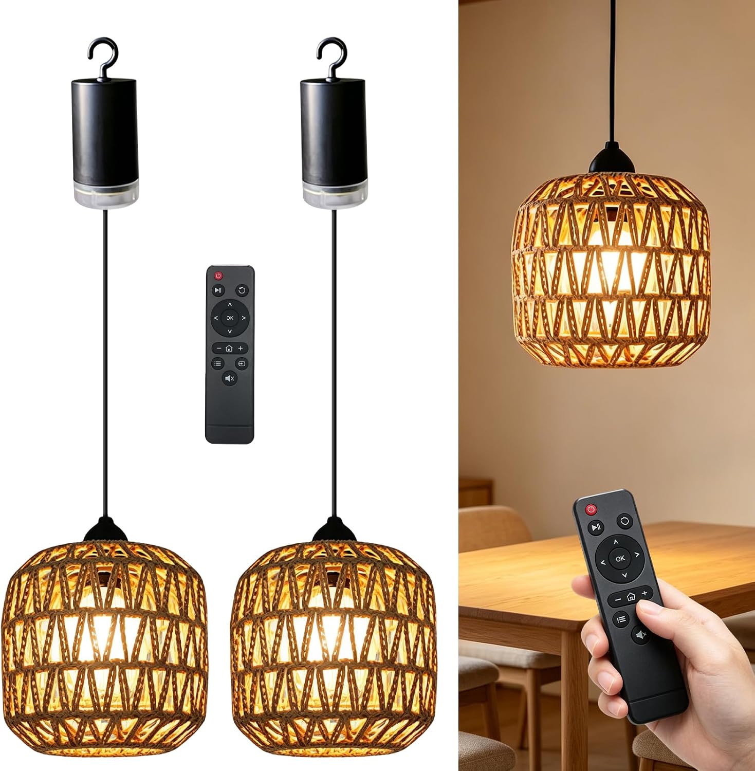 2 Stück Ip65-batteriebetriebene Hängelampen Aus Naturrattan, Verstellbare Fernbedienung, Lange Batterielebensdauer, Einfache Installation