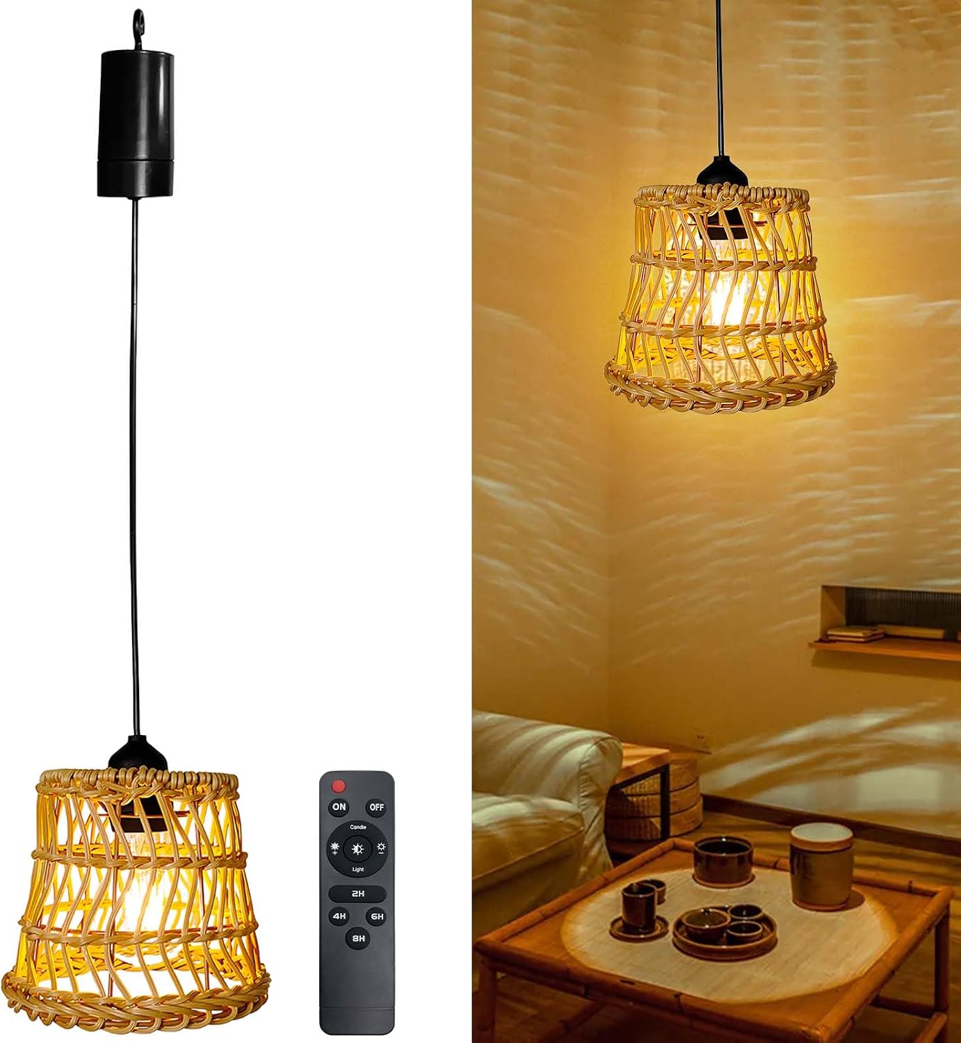 Handgeflochtene Hängelampe Aus Naturrattan Im Vintage-boho-stil, Sanftes Licht, Fernbedienung Und Timer Für Die Innen- Und Außendekoration