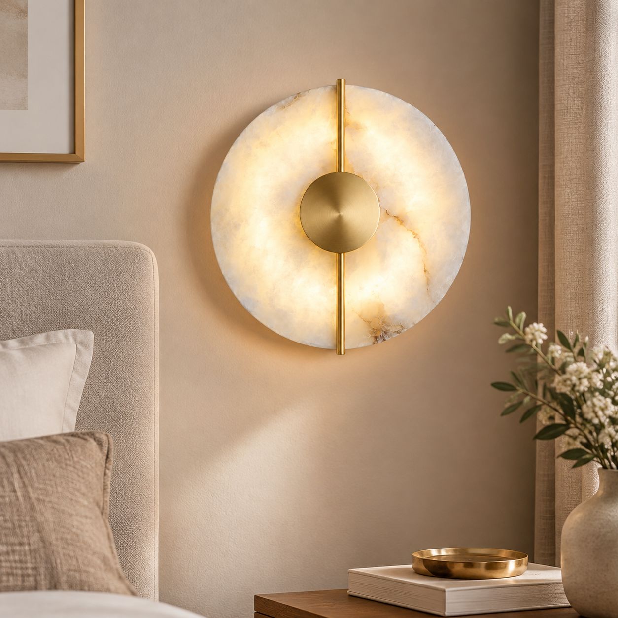 Luxuriöse Wandleuchte Aus Kupfer Und Marmor Mit Goldfinish, Sanftes Led-licht Für Wohn- Oder Schlafzimmer, Raffiniertes, Modernes, Rundes Design