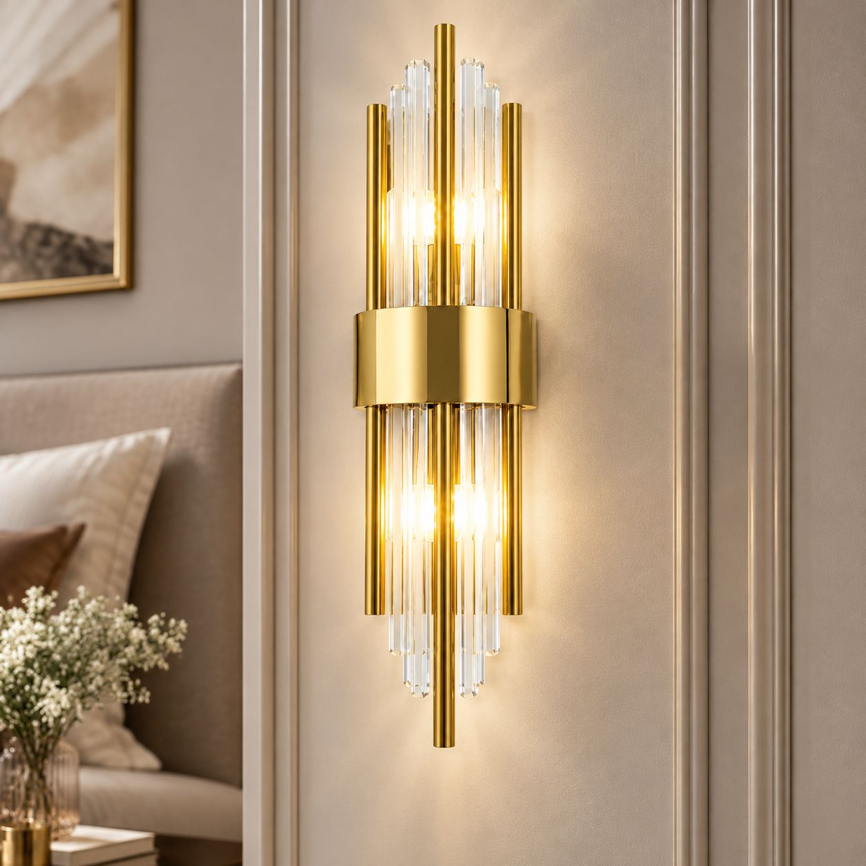 Hochwertige Kristallwandleuchte, Typ A, Klein, Komplett Aus Edelstahl, Goldfarben, Für Wohnzimmer, Flur, Schlafzimmer (weißes Licht)
