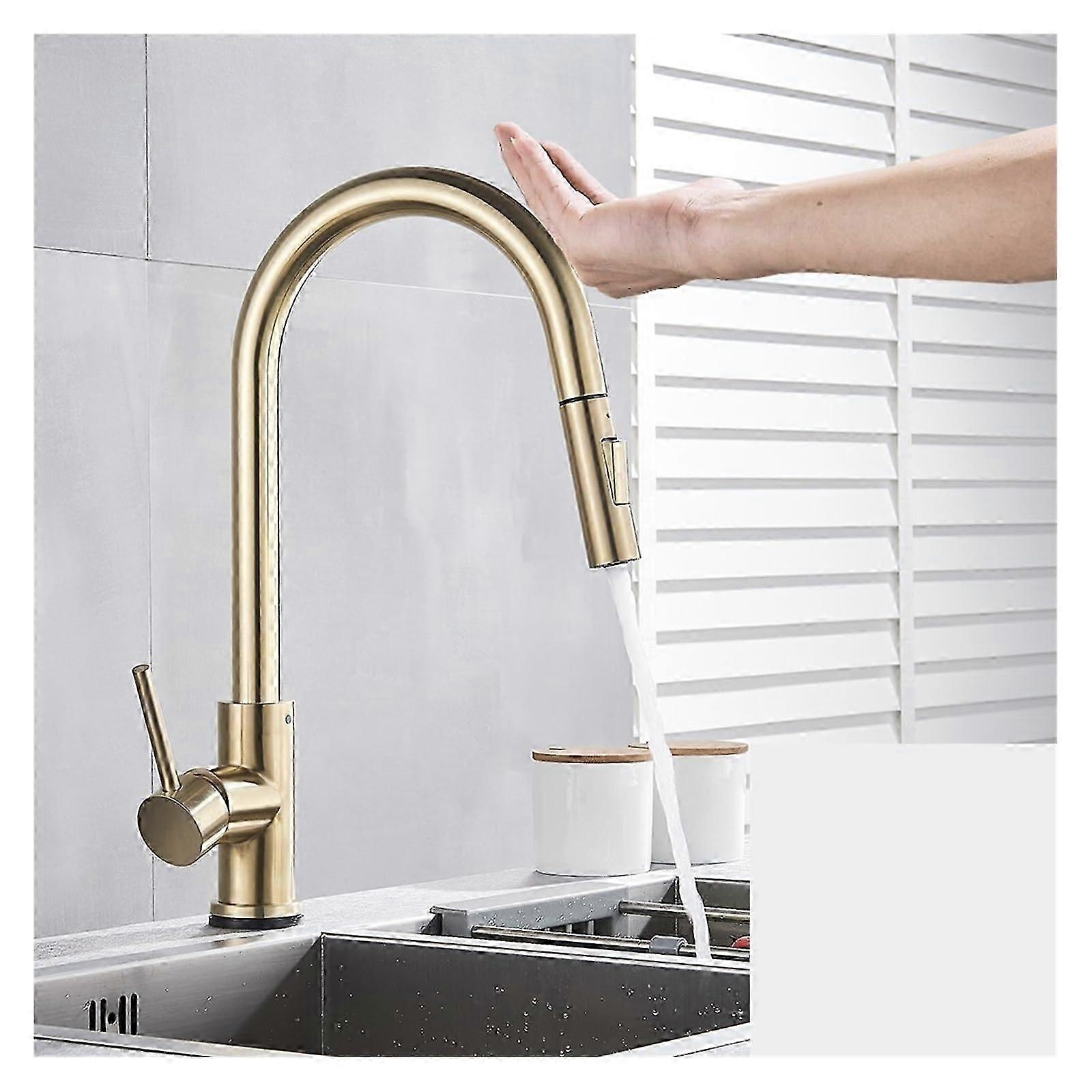 Gebürstete Smart-touch-küchenarmatur Mit 360°-drehung, Ausziehbarem Einhebelmischer, Zwei Wasserzufuhrmodi, Spülbeckenarmatur Mit Warm- Und Kaltwasseranschluss (gebürstetes Gold)