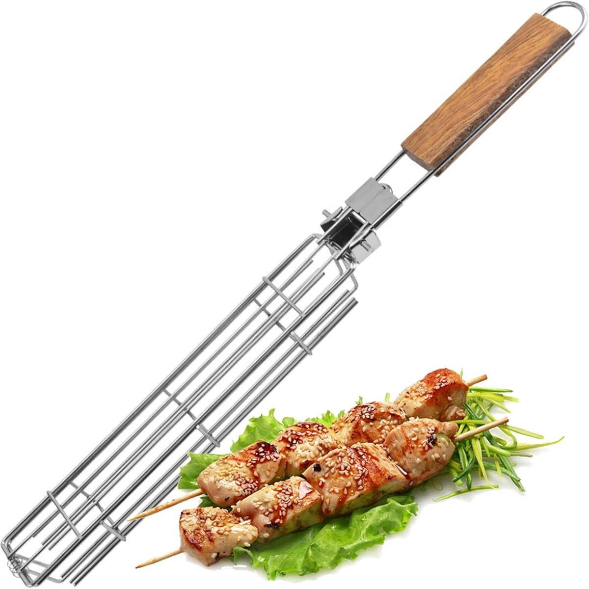 Ulisem - Grillkorb - 360° Drehbarer Korb Mit Deckel - Hergestellt Aus Edelstahl 403 Mit Holzgriff - Geeignet Für Fisch, Fleisch Und Gemüse