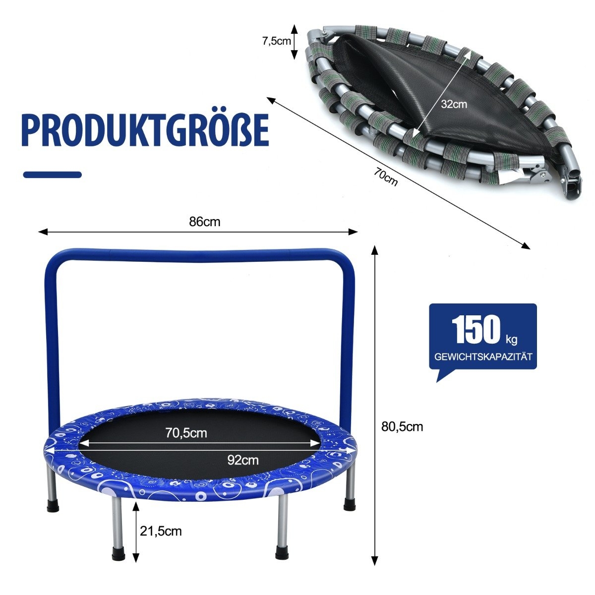 Kindertrampolin, Minitrampolin, Faltbares Trampolin Für Kleinkinder, Blau + Schwarz