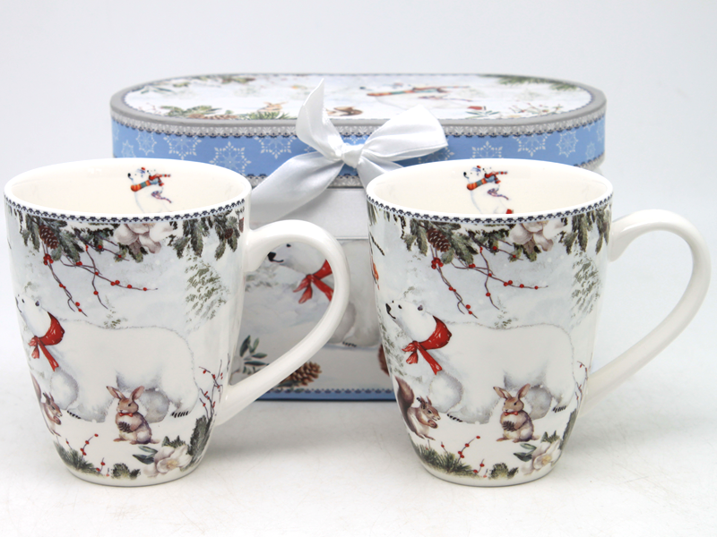 Porzellantassen, 2 Stück – Wintermotiv Mit Teddybär + Weihnachtsgeschenkbox
