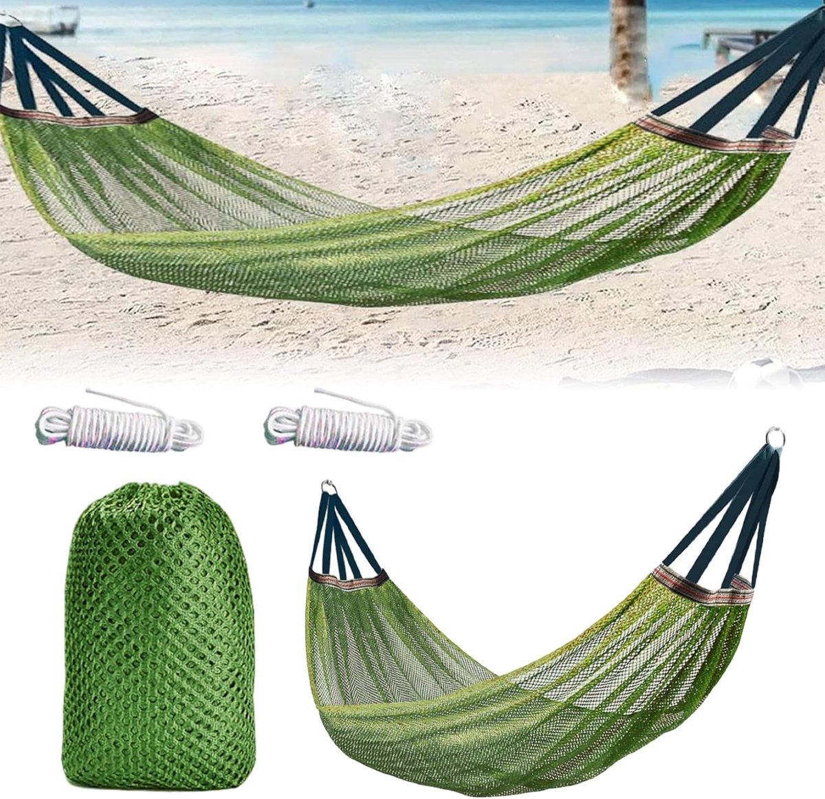 Camping-hängematte Aus Nylonnetz Mit Befestigungsseil Und Aufbewahrungstasche – 260 X 130 Cm – Grün – Tragbar Und Kompakt Faltbar