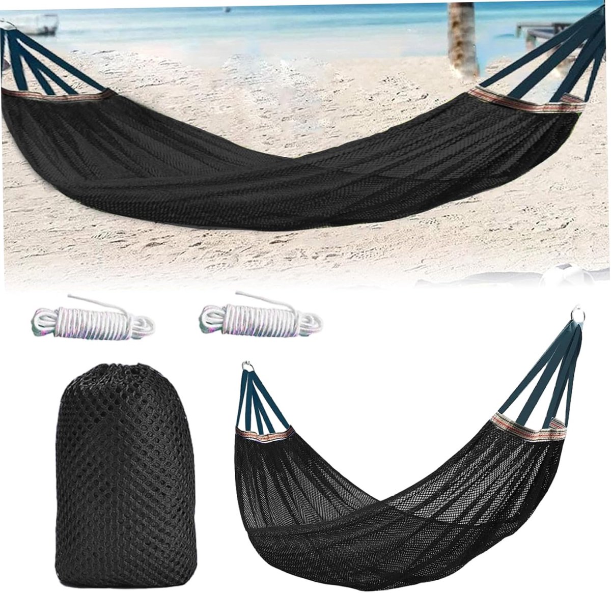 Hängematte Aus Seil Fürs Camping – Nylonhängematte Mit Befestigungsseil Und Aufbewahrungstasche – 260 X 130 Cm – Schwarz – Tragbar Und Kompakt Faltbar