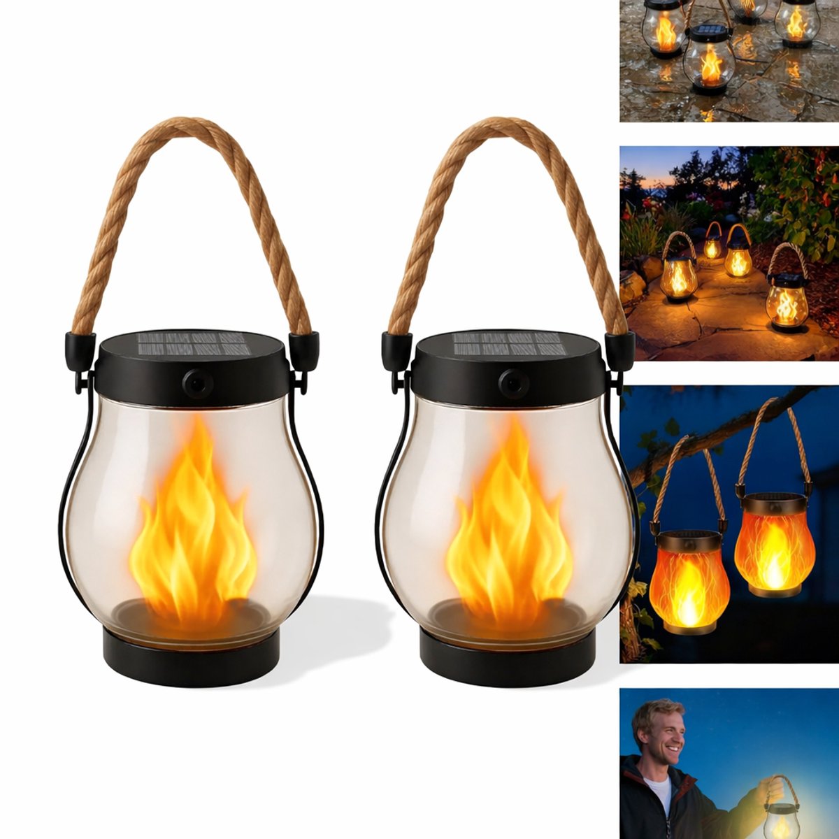 Solarlaternen – 2er-set Hängeleuchten Für Den Außenbereich, Fackel Mit Tanzender Flamme Und Hanfseil Für Garten, Terrasse Und Camping, Schwarz