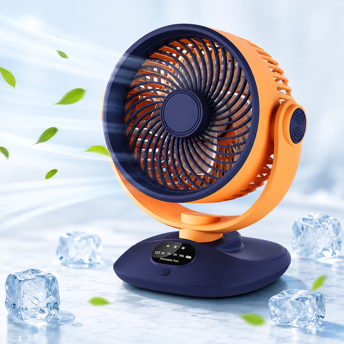 Tischventilator – Usb-wiederaufladbarer Ventilator – Umluftventilator – Oszillierender Ventilator – Ventilator Mit Led-anzeige – Kabelloser Ventilator – Leiser Ventilator – Blau-orange