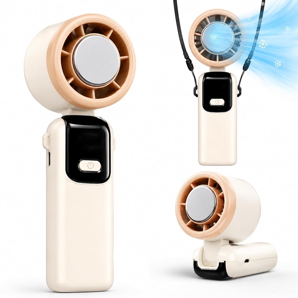 Tragbarer, Per Usb Aufladbarer Ventilator, Faltbar, Turbokühlung, Nackenventilator, 199 Geschwindigkeitsstufen, Led-anzeige, Weiß Und Beige