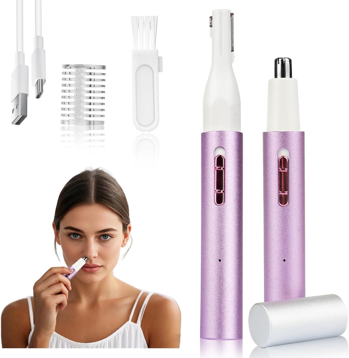 Damenrasierer – Nasen- Und Ohrhaartrimmer Für Damen Und Herren – Schmerzfreier 2-in-1-augenbrauentrimmer – Usb-aufladbar – Tragbarer Und Wasserdichter Gesichtshaarentferner – Lila