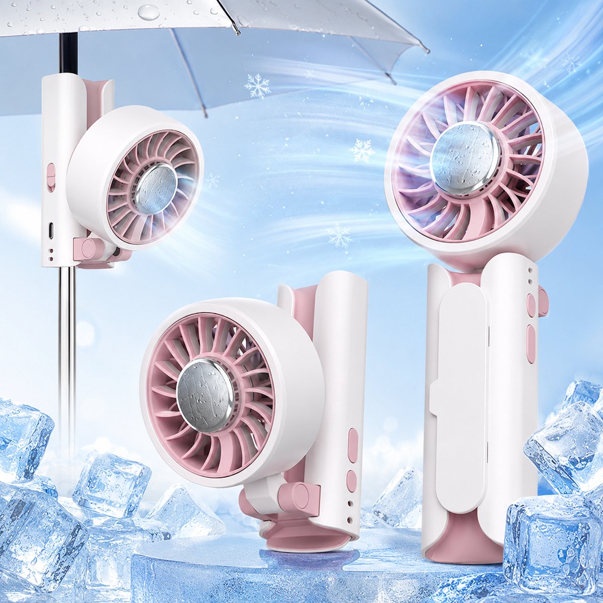 Mini-akkuventilator – Tragbarer Ventilator Für Frauen – Kühlventilator – Usb-c-ventilator – Tischventilator – Regenschirmclip-ventilator – Weiß Und Rosa