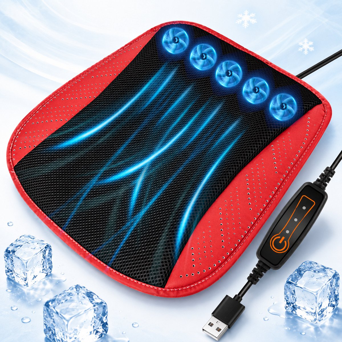 Belüftetes Autositzkissen Mit 5 Usb-lüftern, Atmungsaktiv Und Komfortabel (12v/24v, Rot).