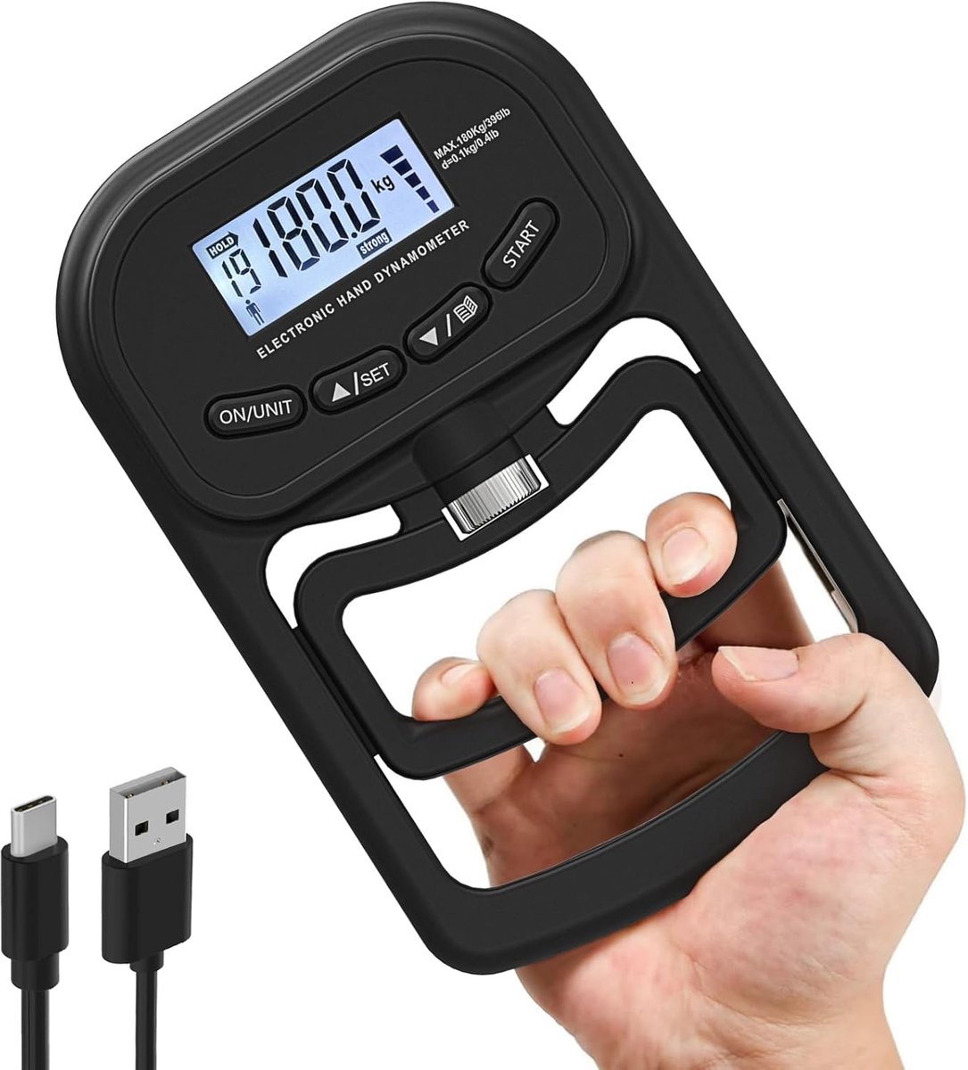 Digitales Handdynamometer – Griffkraftmessung – 180 Kg – Lcd-display – Usb-c-ladeanschluss – Schwarz