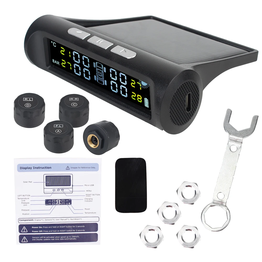 Solarbetriebenes Reifendruckkontrollsystem Mit Digitalem Lcd-display-tester Und 4 Sensoren Reifendiagnose-kit Für Kraftfahrzeuge.